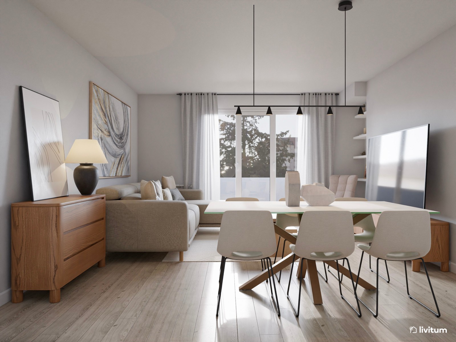 Salón comedor de estilo minimalista cálido en blanco y gris, con detalles en madera