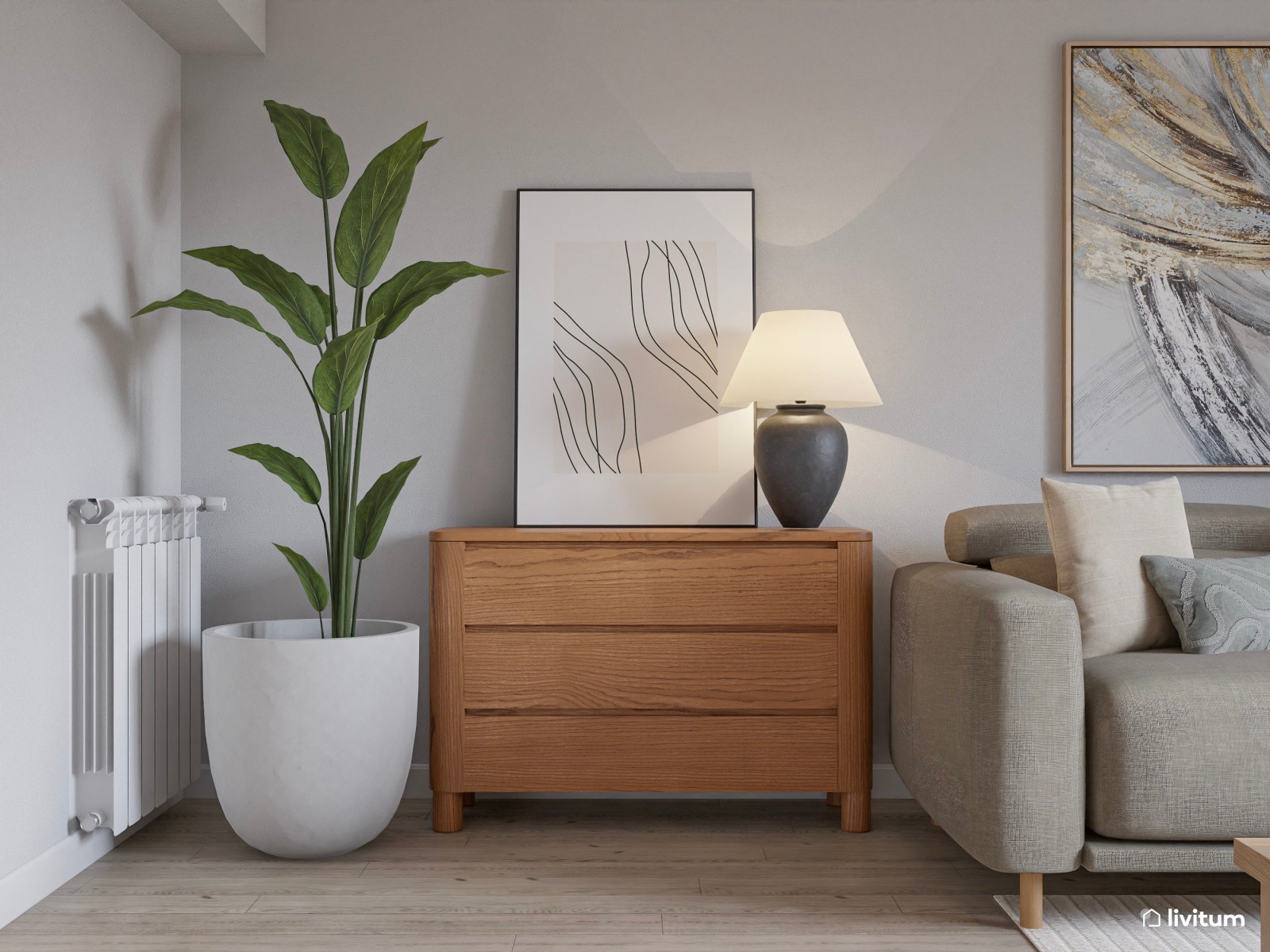 Salón comedor de estilo minimalista cálido en blanco y gris, con detalles en madera