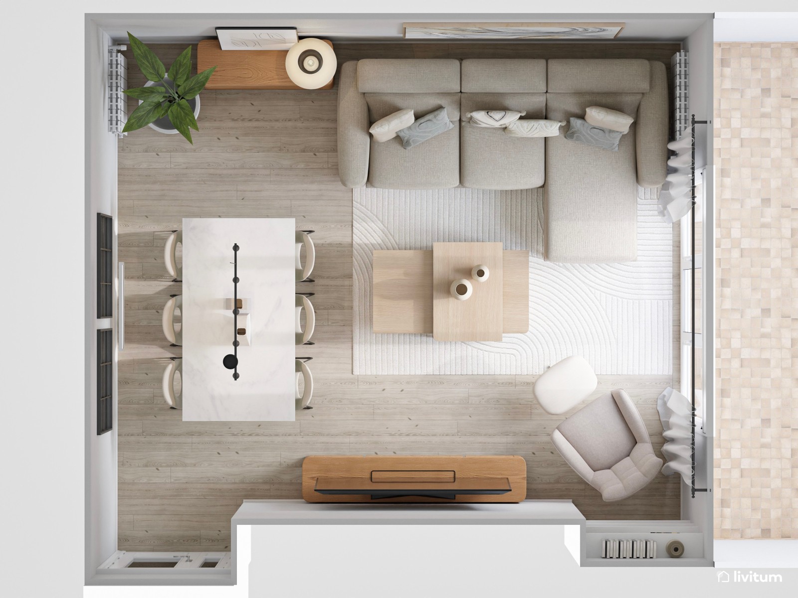 Salón comedor de estilo minimalista cálido en blanco y gris, con detalles en madera