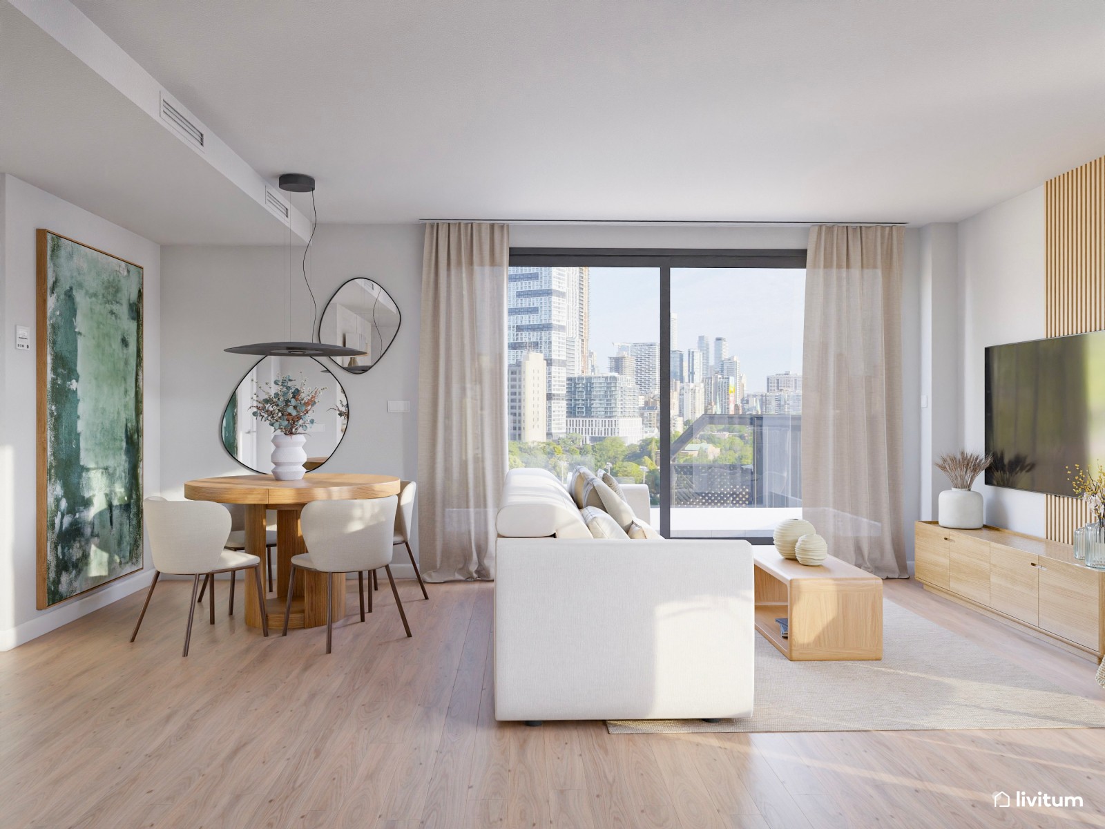 Salón comedor de estilo minimalista con cocina abierta