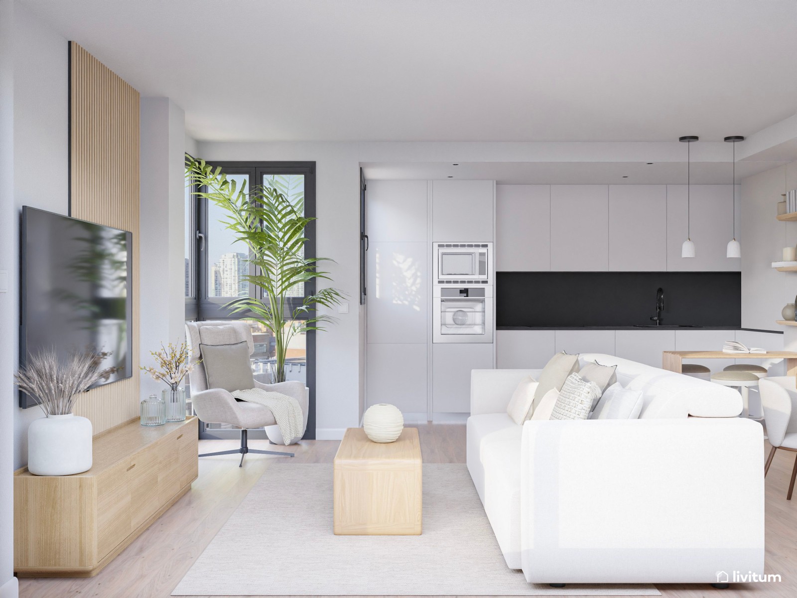 Salón comedor de estilo minimalista con cocina abierta