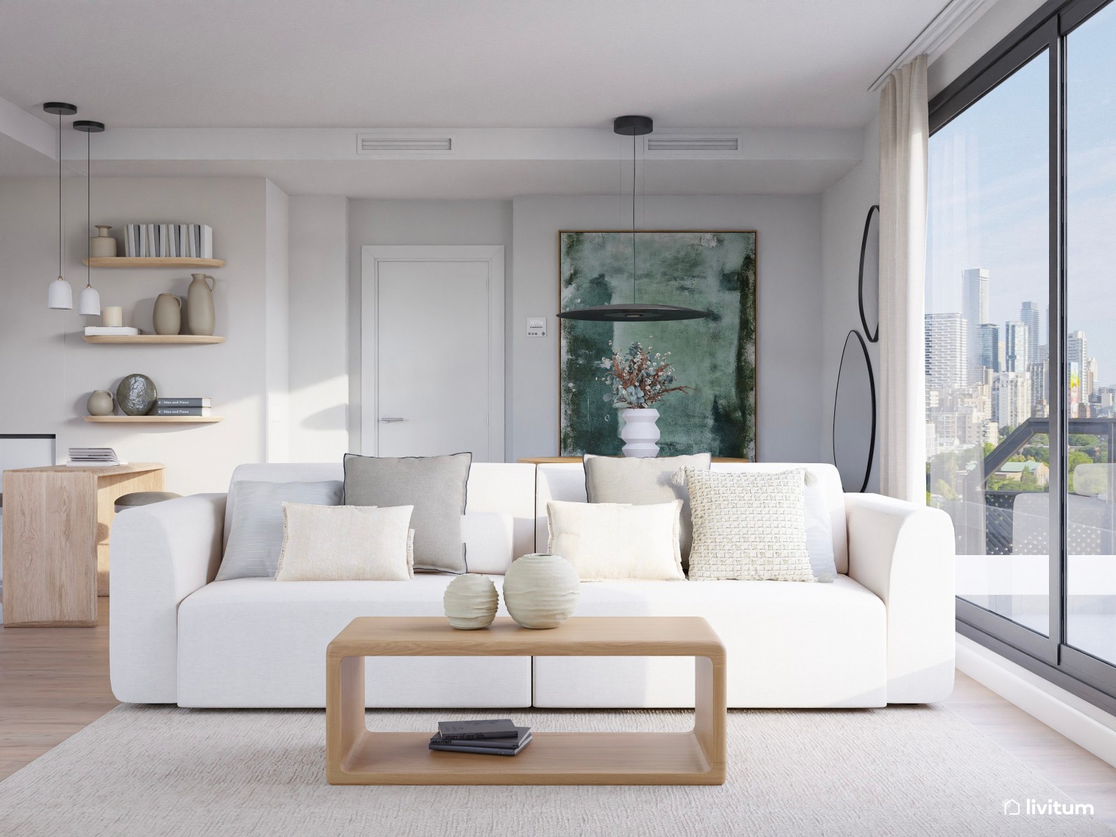 Salón comedor de estilo minimalista con cocina abierta