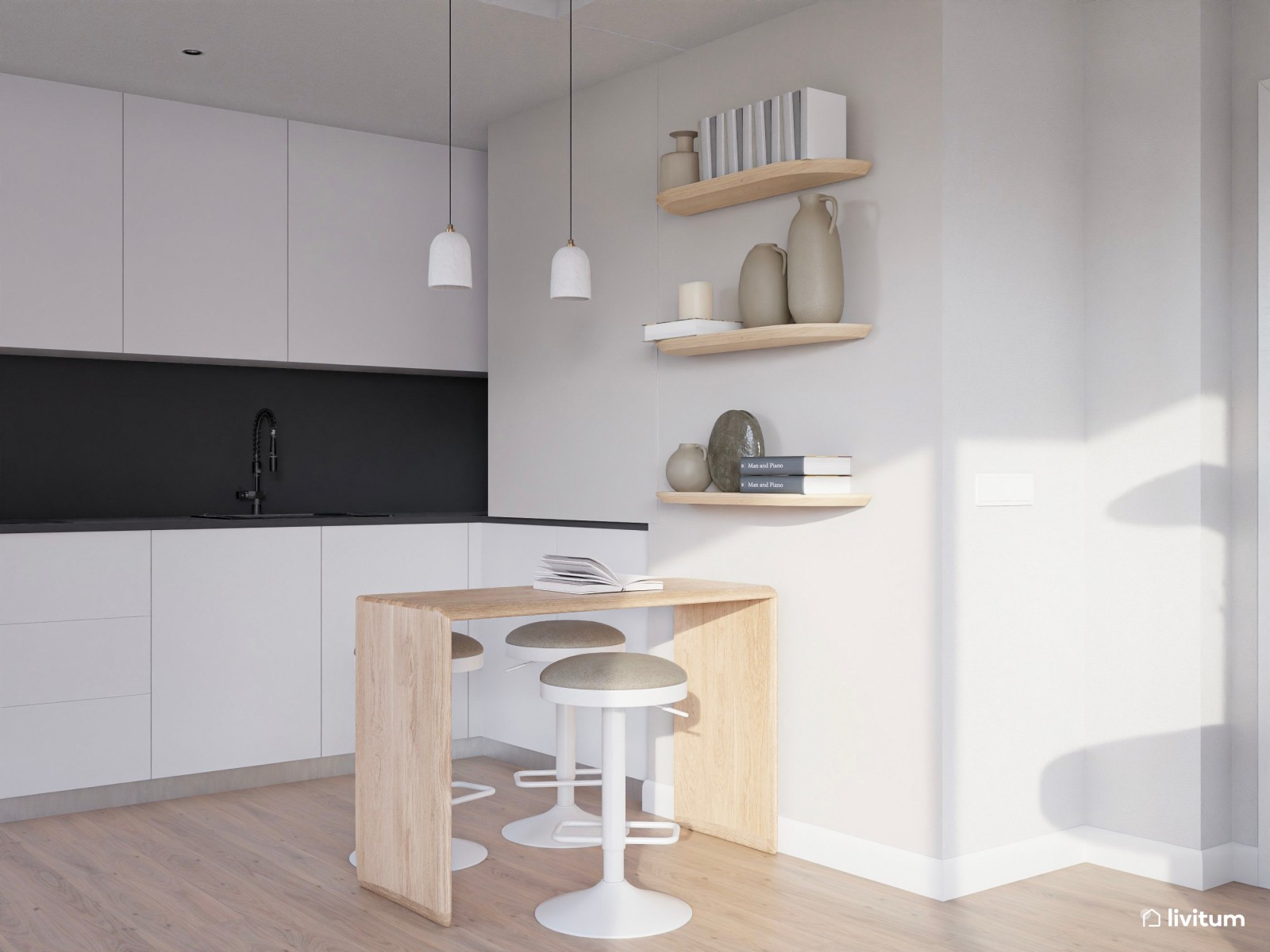 Salón comedor de estilo minimalista con cocina abierta