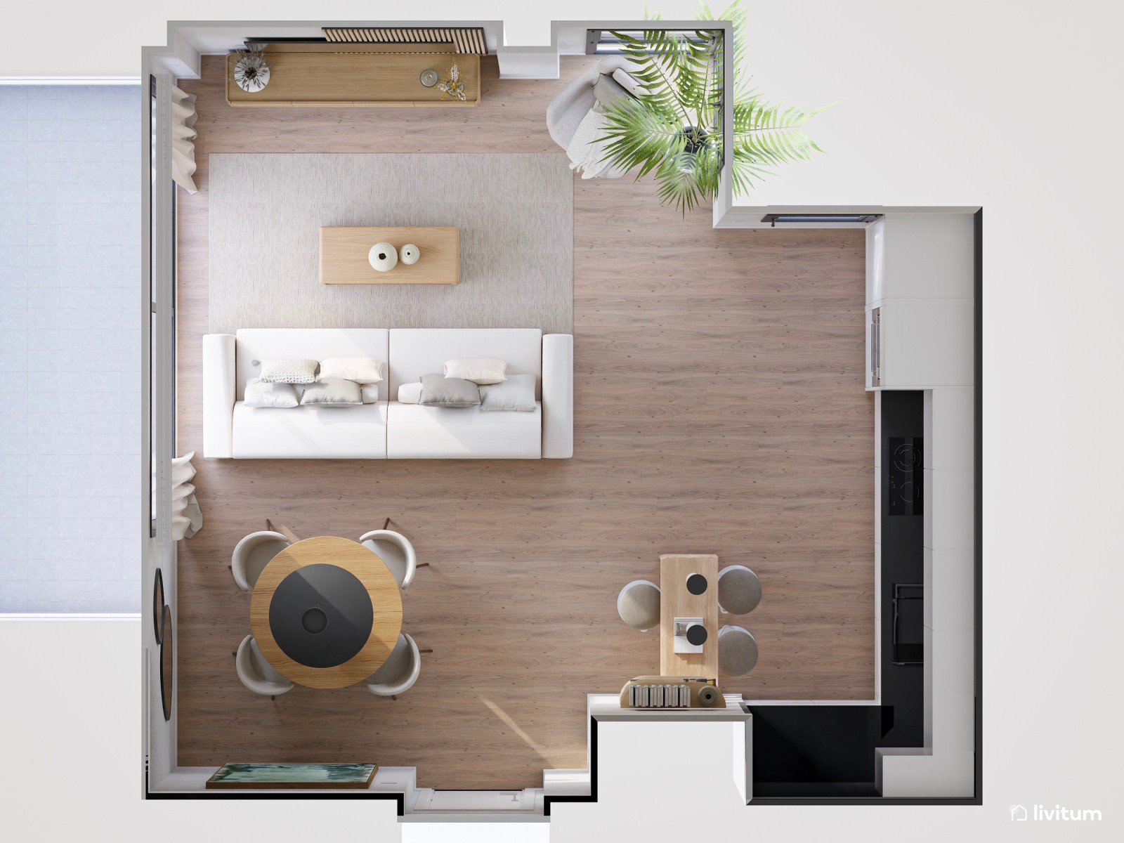Salón comedor de estilo minimalista con cocina abierta