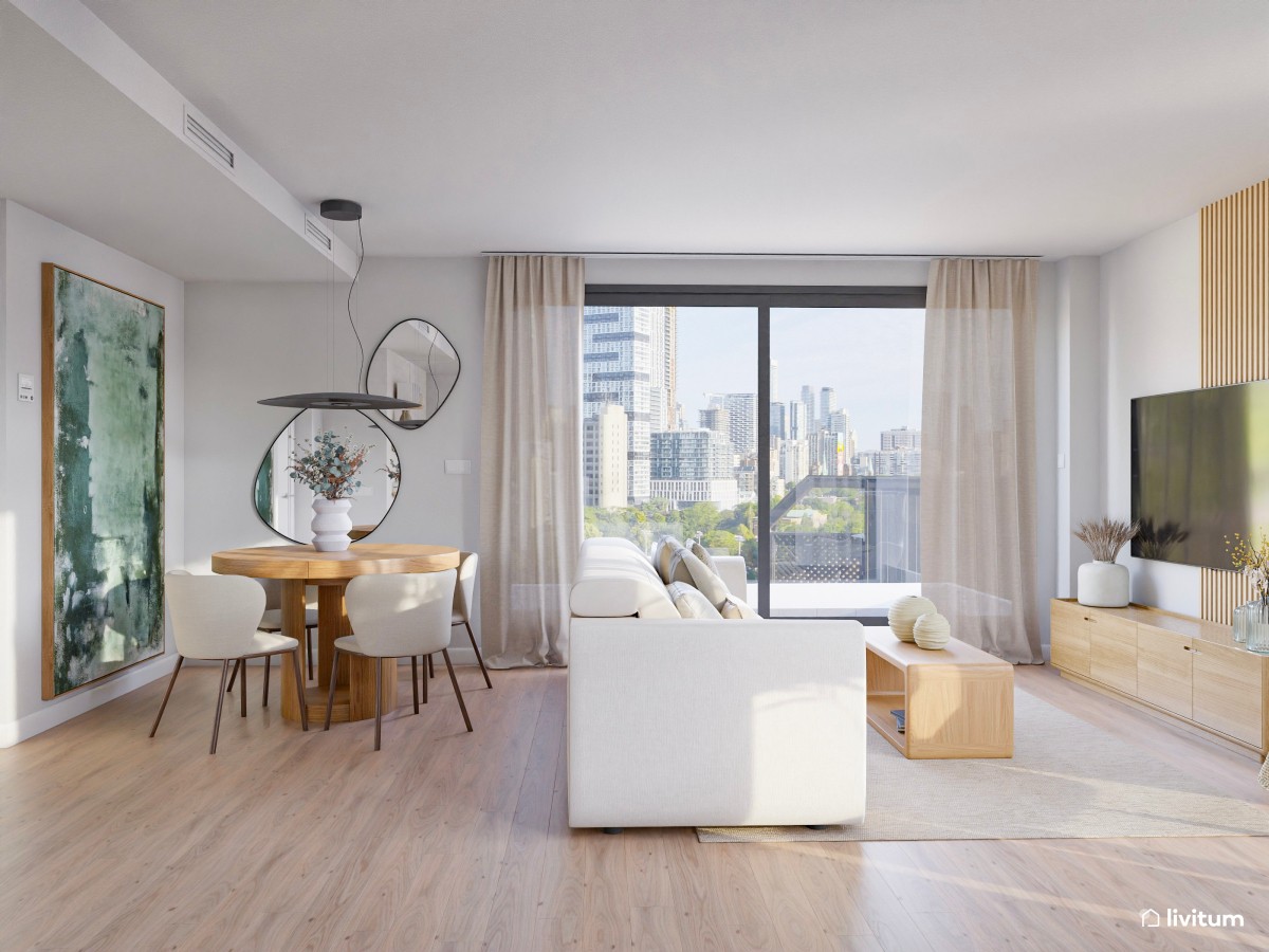 Salón comedor de estilo minimalista con cocina abierta