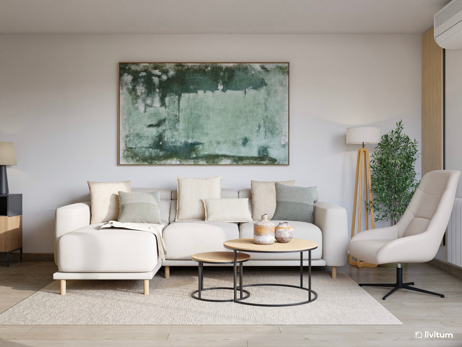 Salón comedor de estilo minimalista con detalles en verde