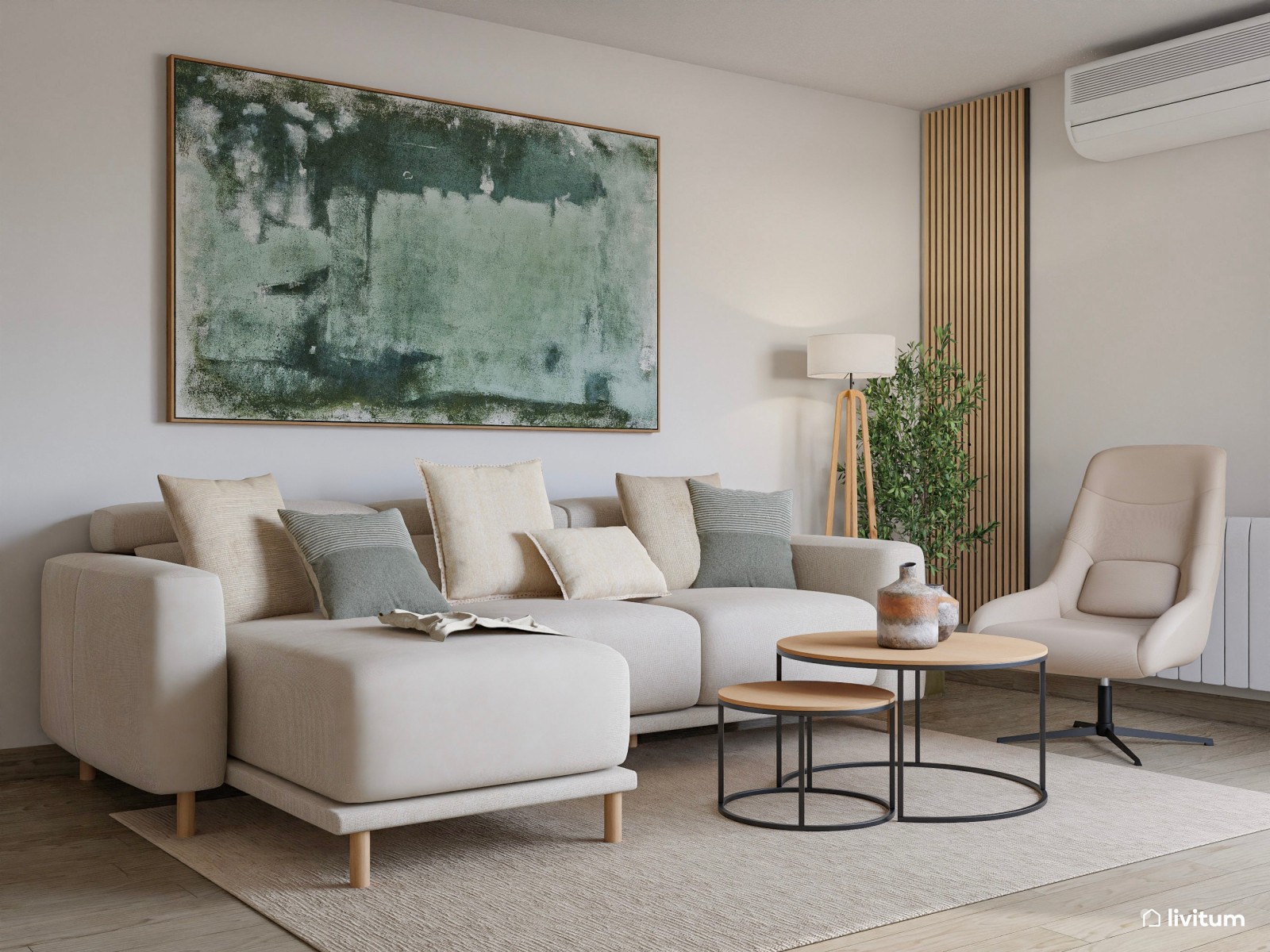 Salón comedor de estilo minimalista con detalles en verde