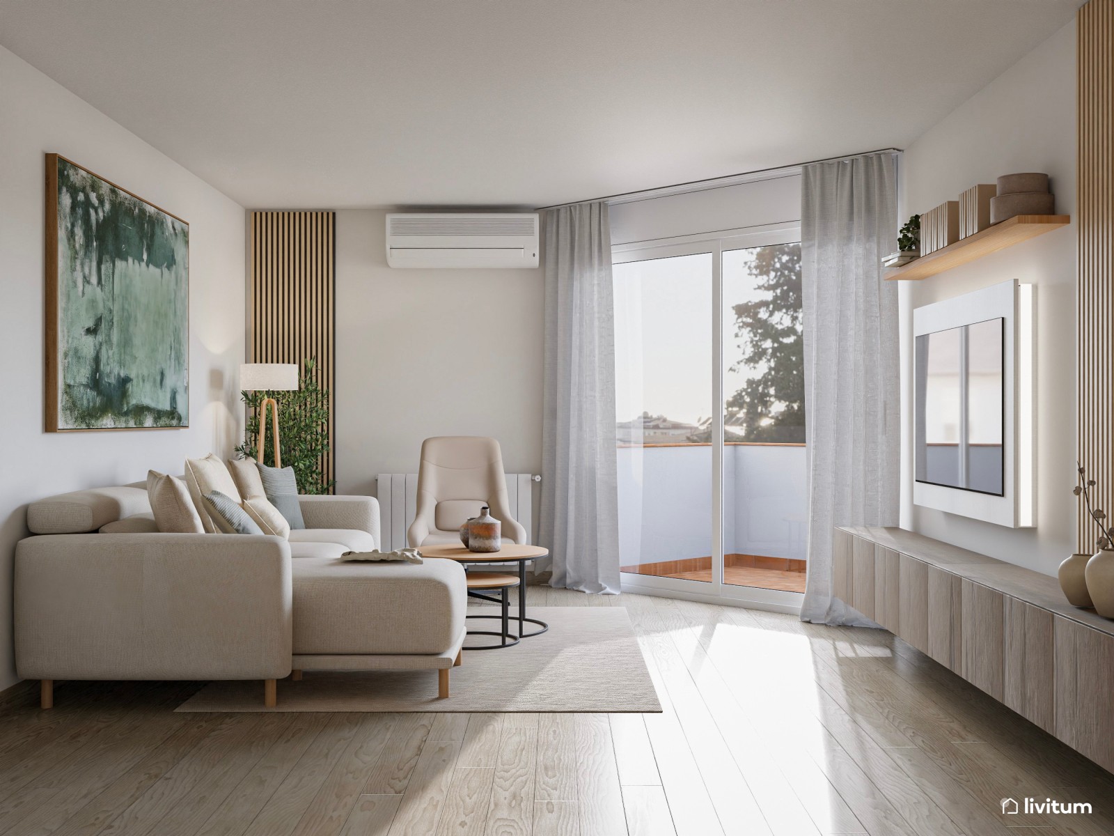 Salón comedor de estilo minimalista con detalles en verde