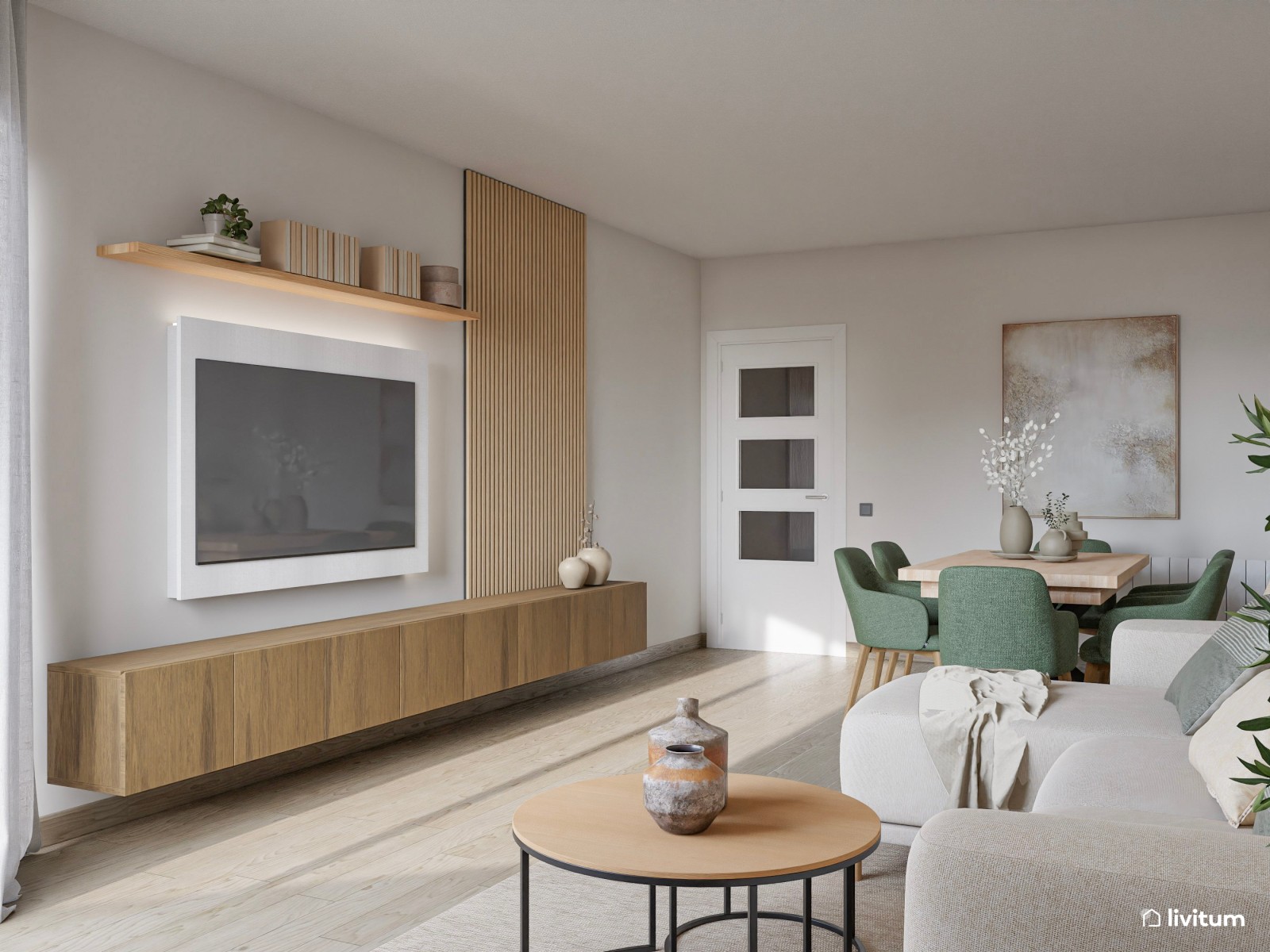 Salón comedor de estilo minimalista con detalles en verde