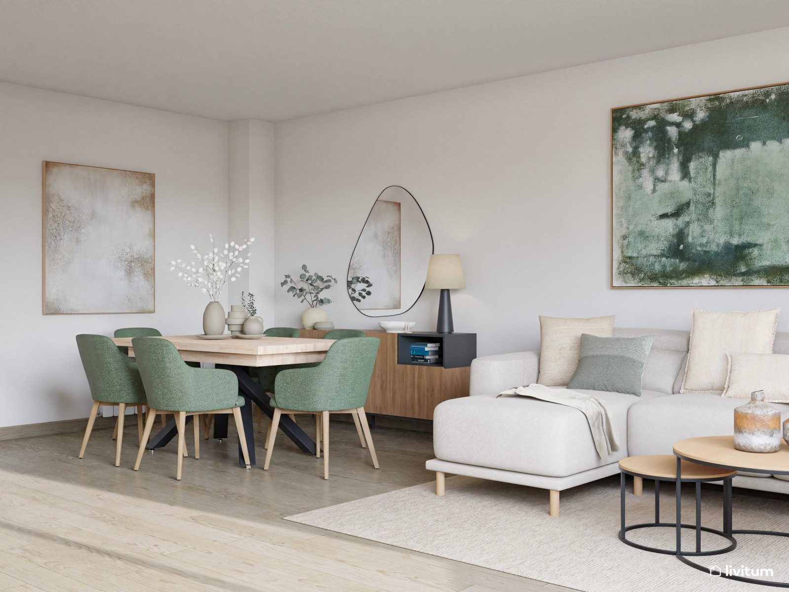 Salón comedor de estilo minimalista con detalles en verde