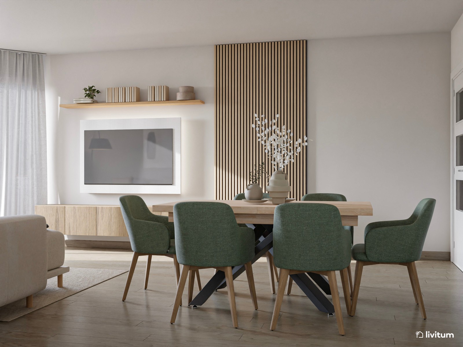 Salón comedor de estilo minimalista con detalles en verde