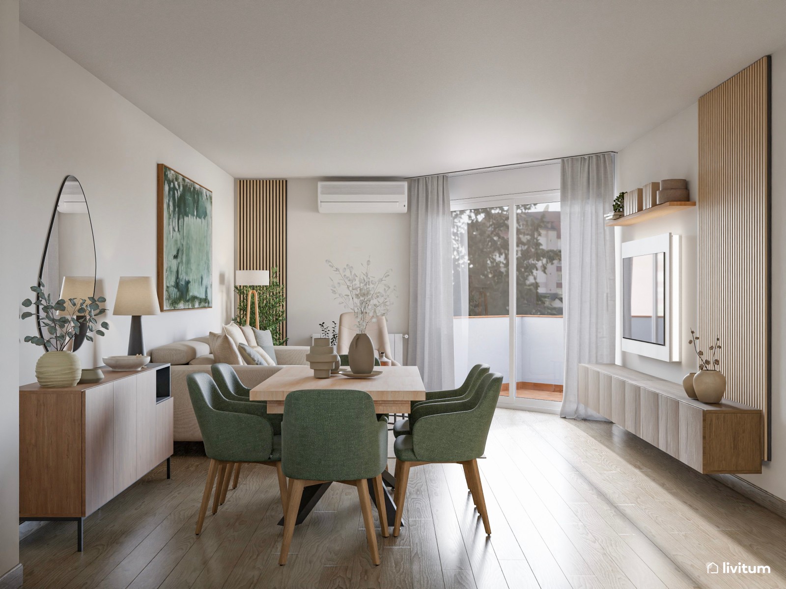 Salón comedor de estilo minimalista con detalles en verde