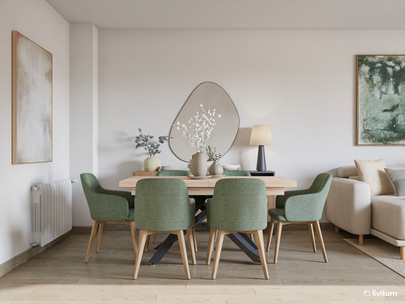 Salón comedor de estilo minimalista con detalles en verde