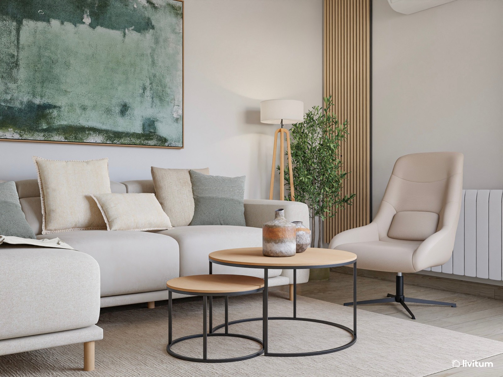 Salón comedor de estilo minimalista con detalles en verde