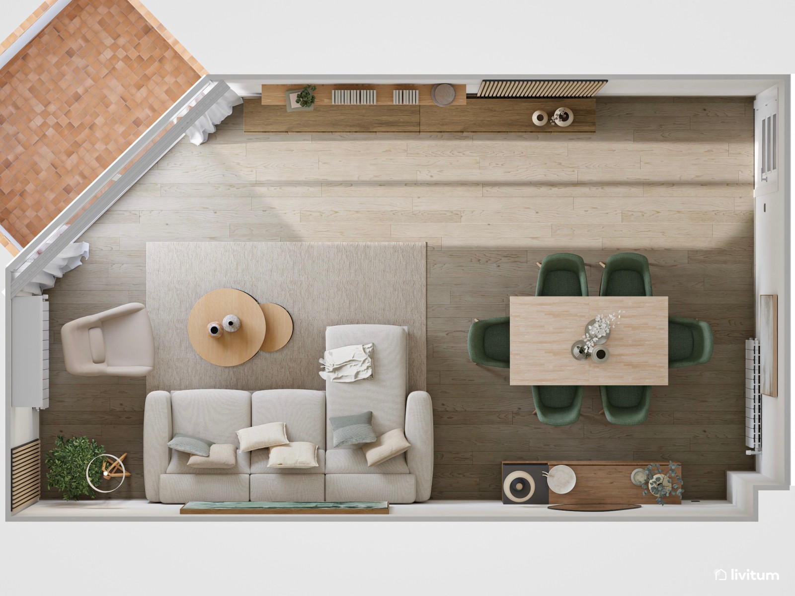 Salón comedor de estilo minimalista con detalles en verde