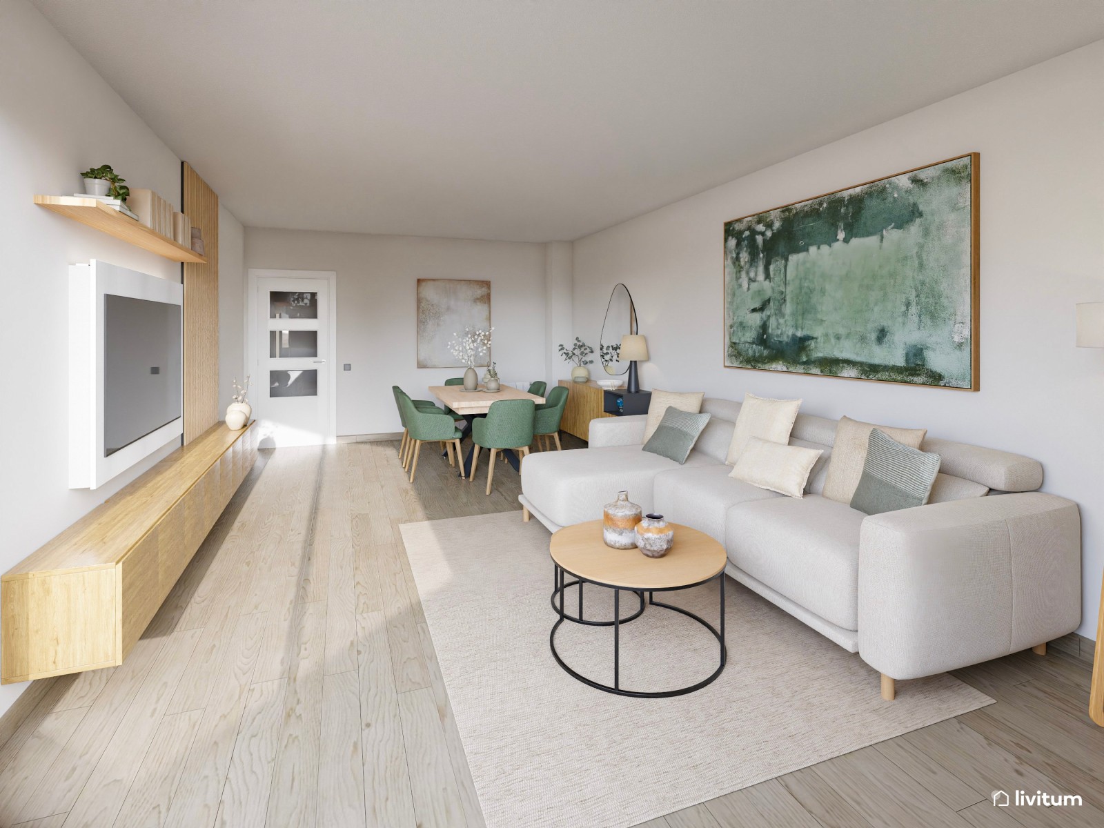 Salón comedor de estilo minimalista con detalles en verde