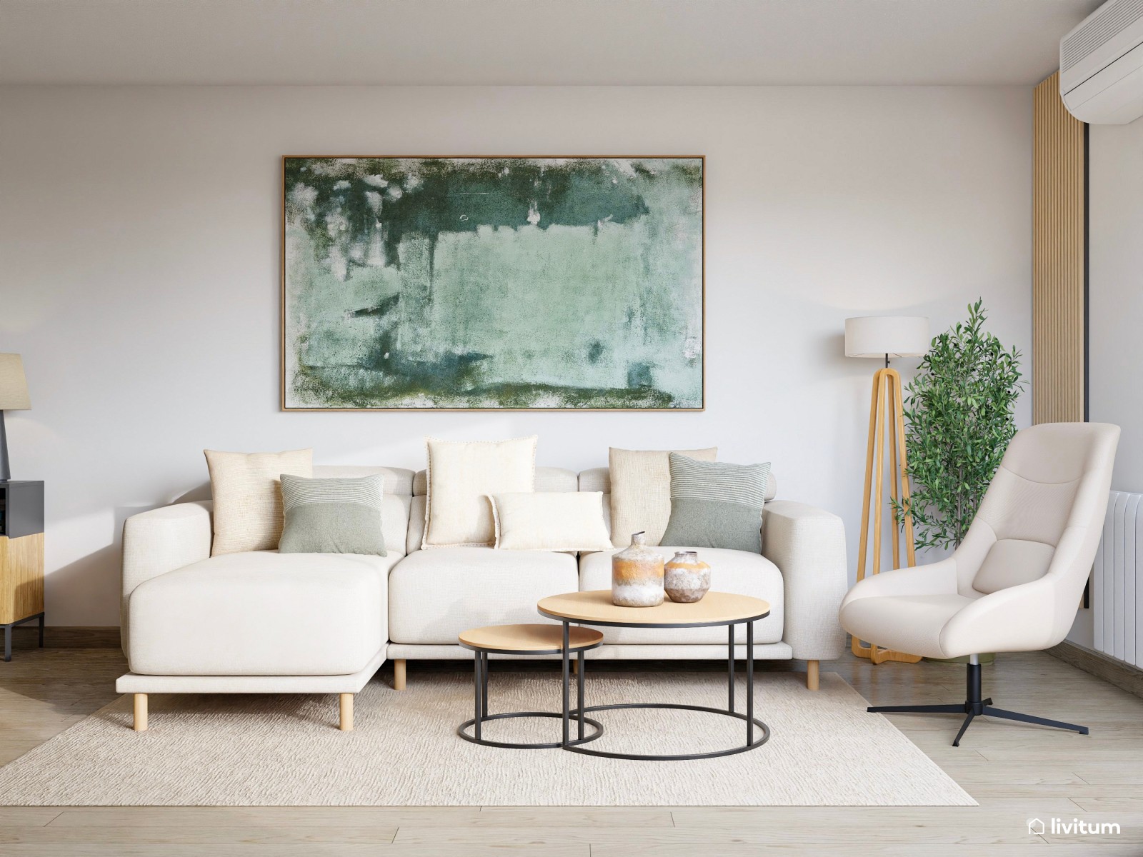 Salón comedor de estilo minimalista con detalles en verde