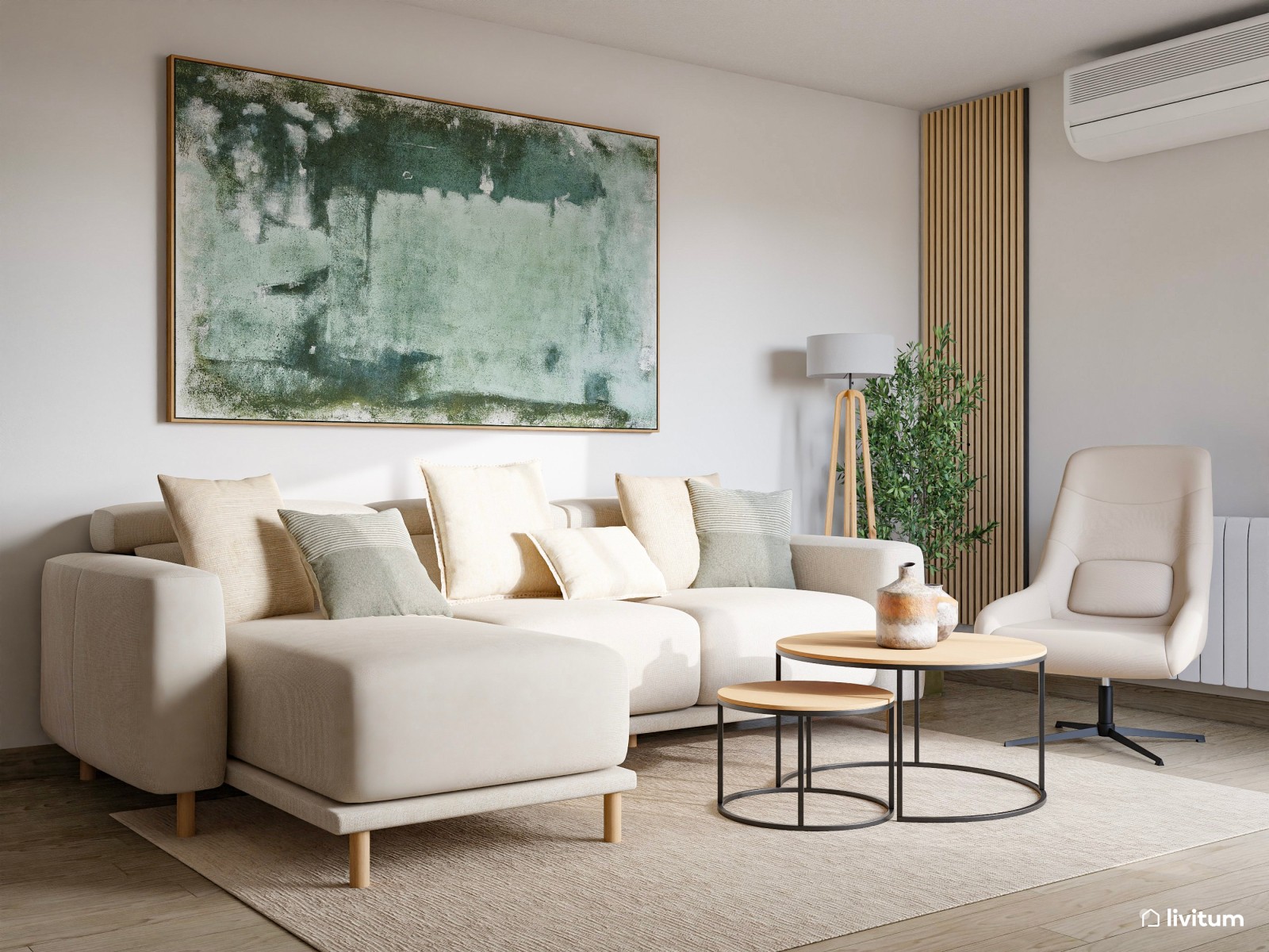 Salón comedor de estilo minimalista con detalles en verde