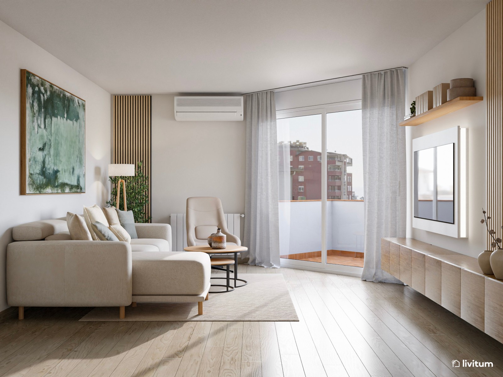 Salón comedor de estilo minimalista con detalles en verde