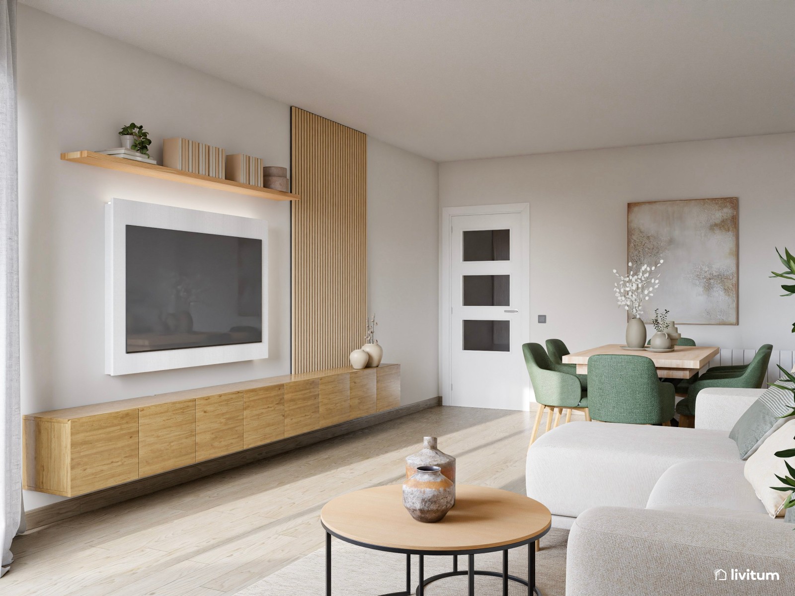 Salón comedor de estilo minimalista con detalles en verde