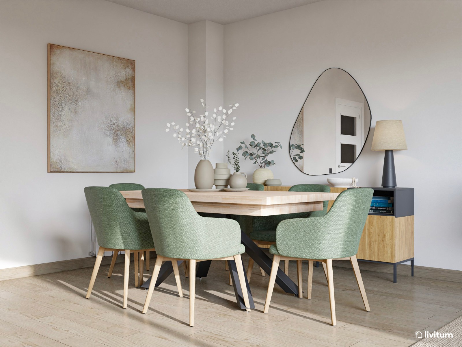 Salón comedor de estilo minimalista con detalles en verde