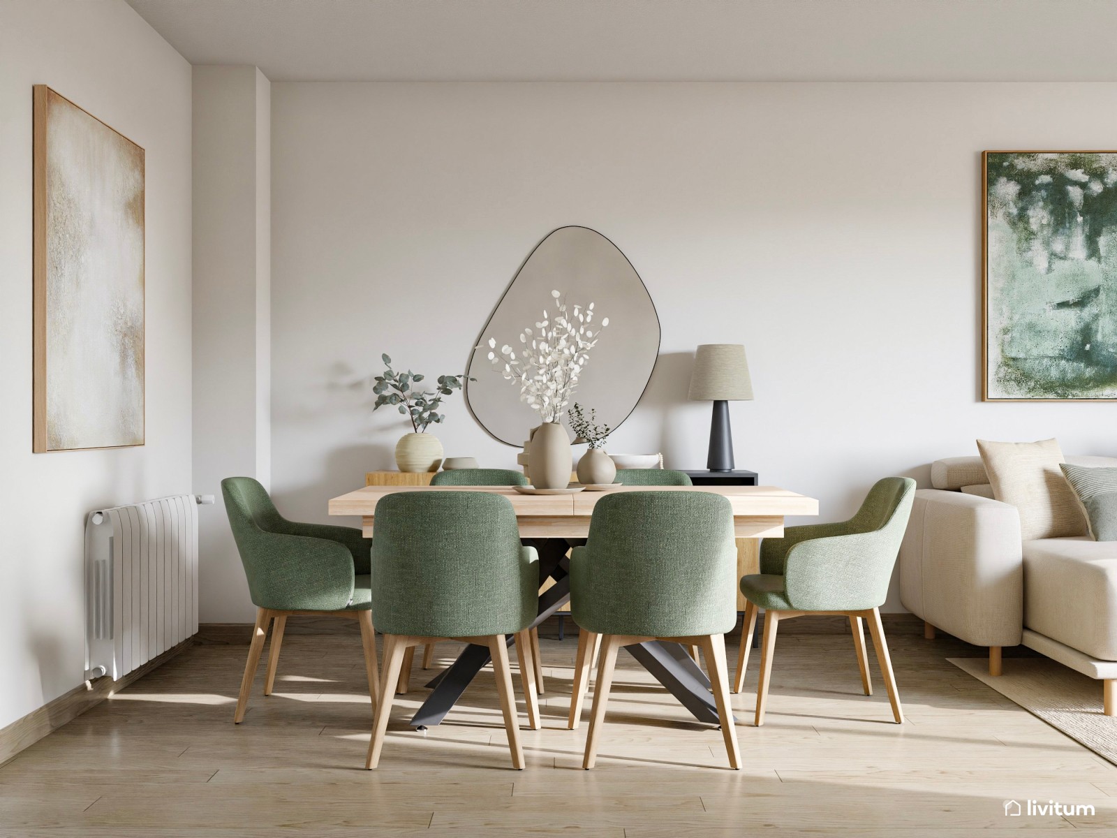Salón comedor de estilo minimalista con detalles en verde
