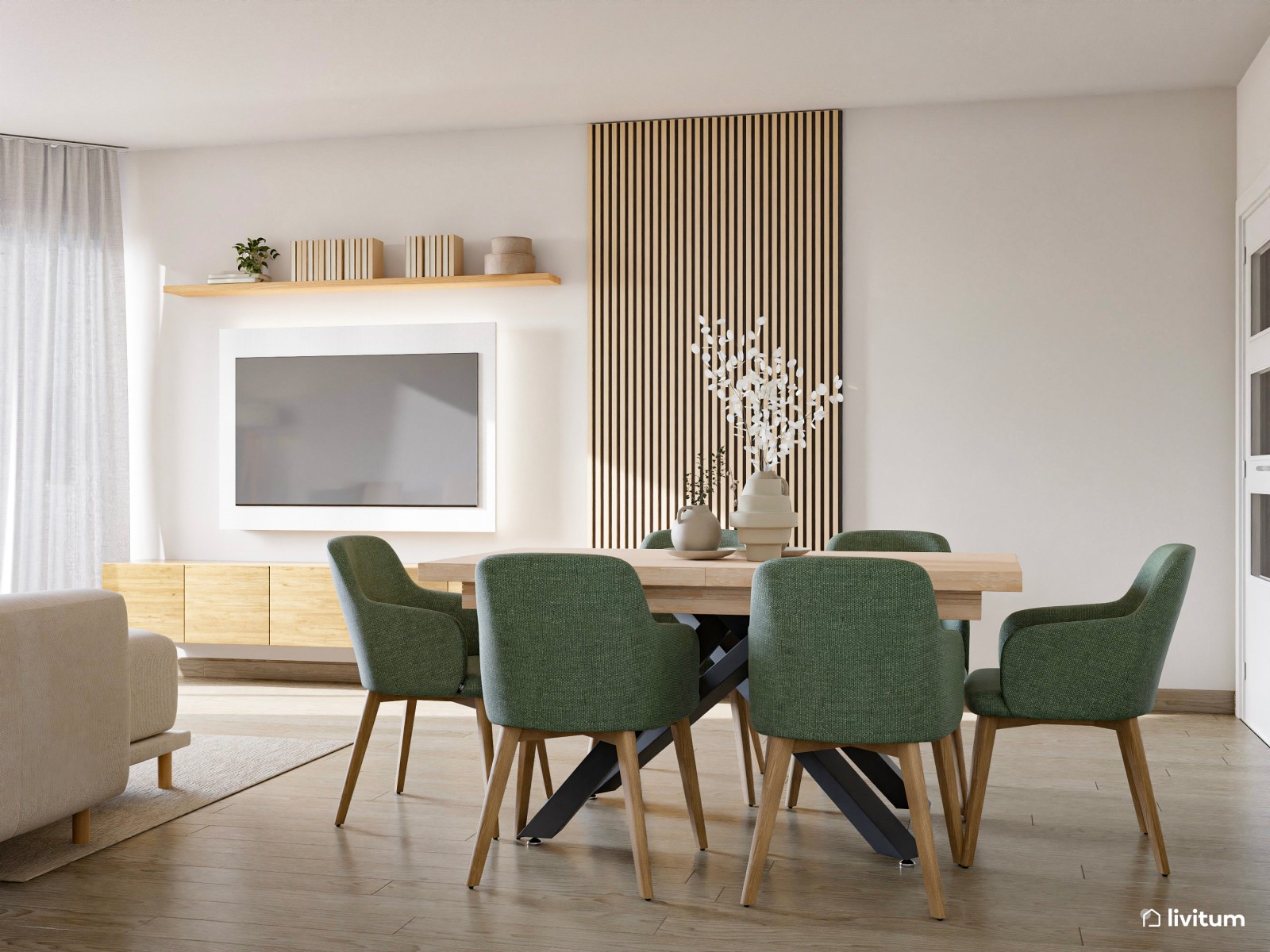 Salón comedor de estilo minimalista con detalles en verde