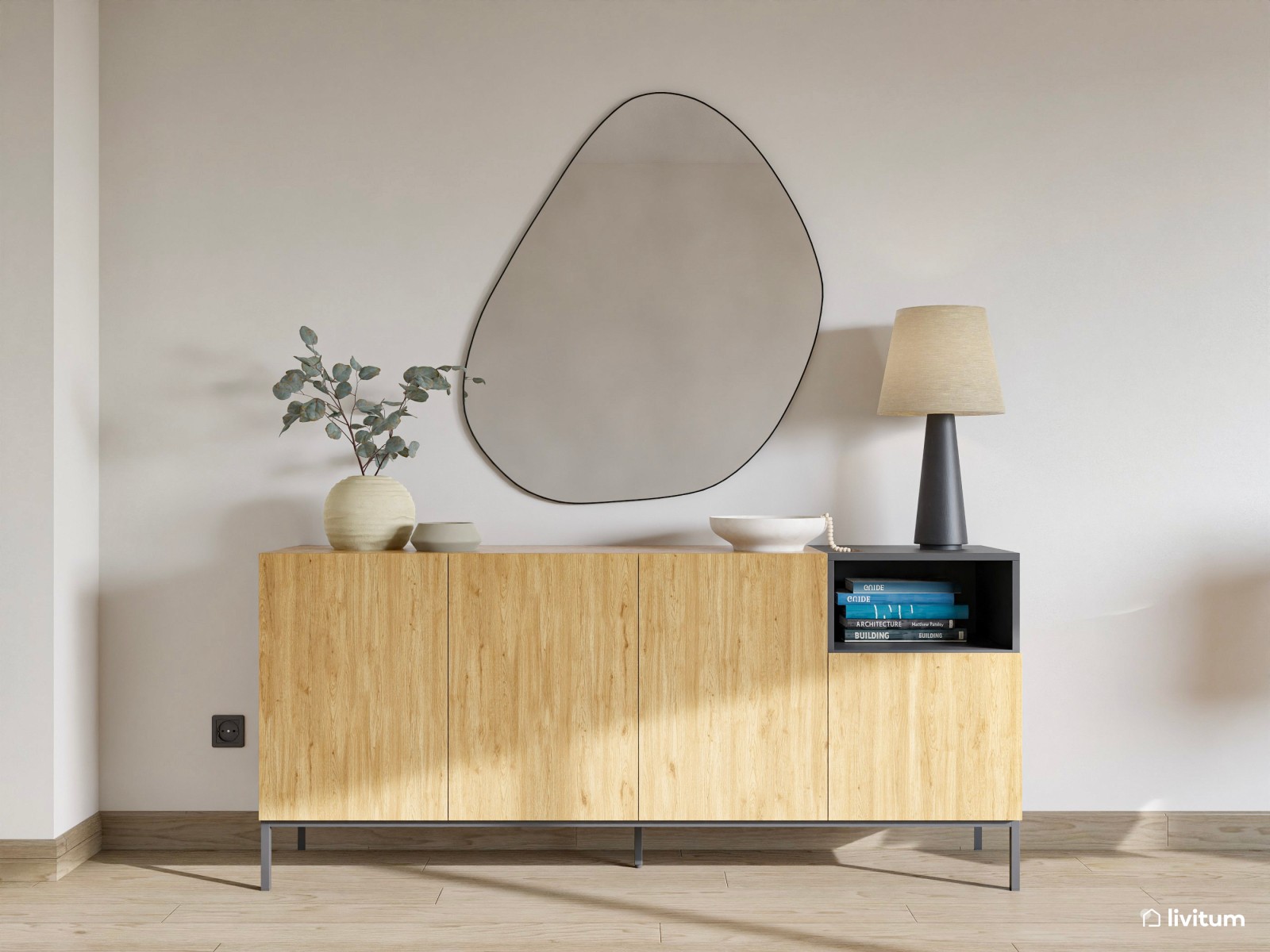Salón comedor de estilo minimalista con detalles en verde