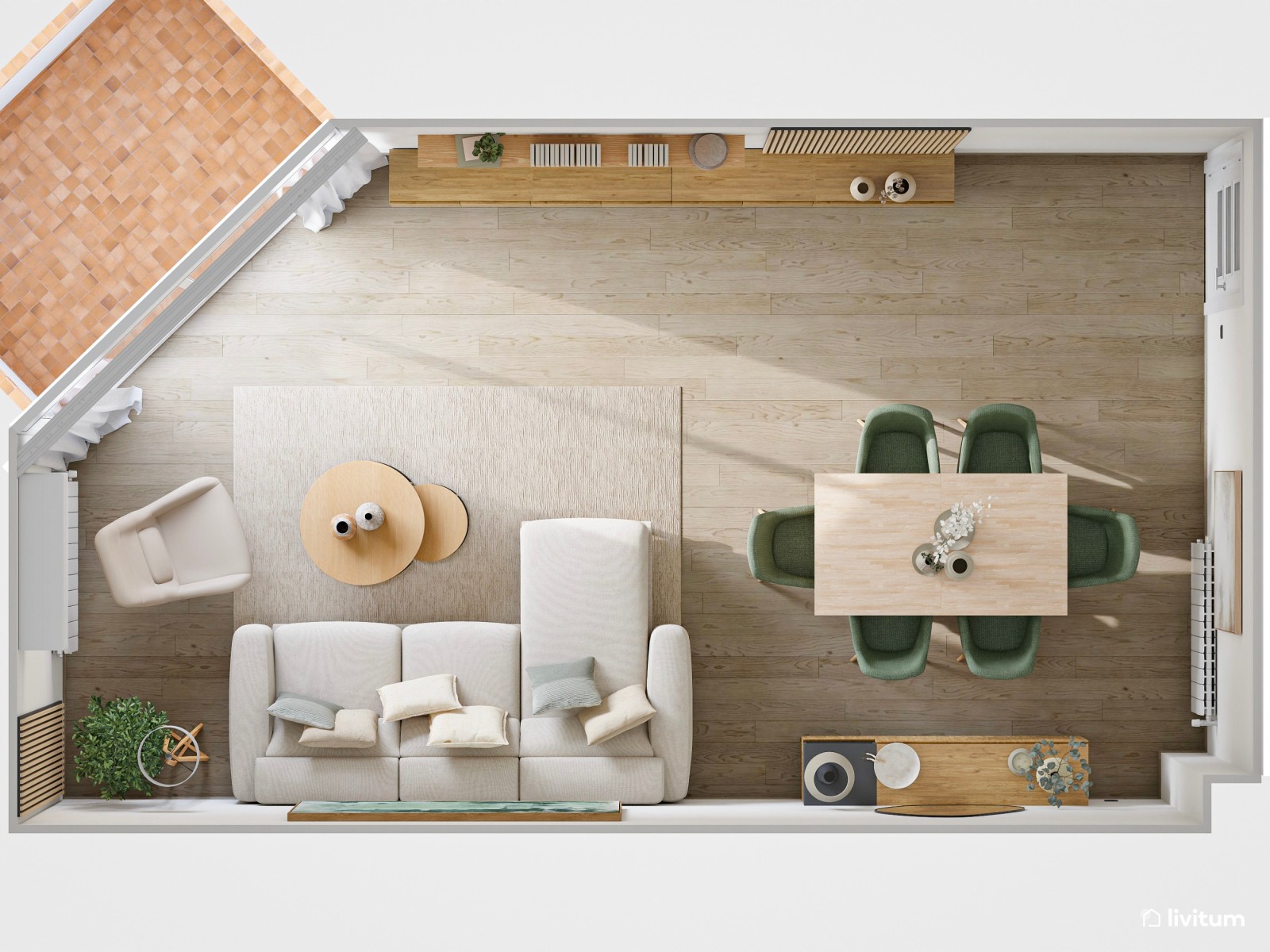Salón comedor de estilo minimalista con detalles en verde