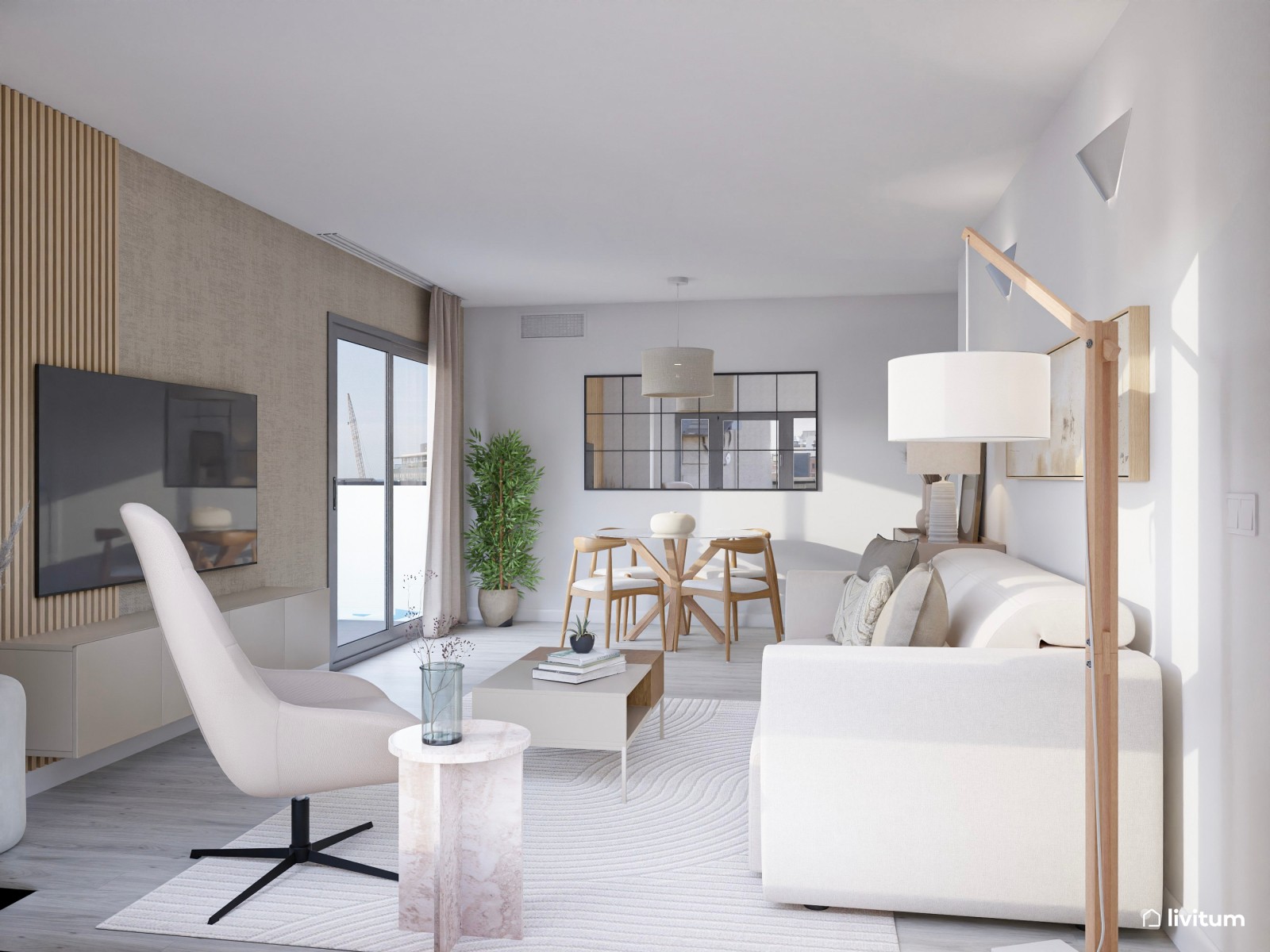 Salón comedor de estilo minimalista con papel pintado y listones de madera