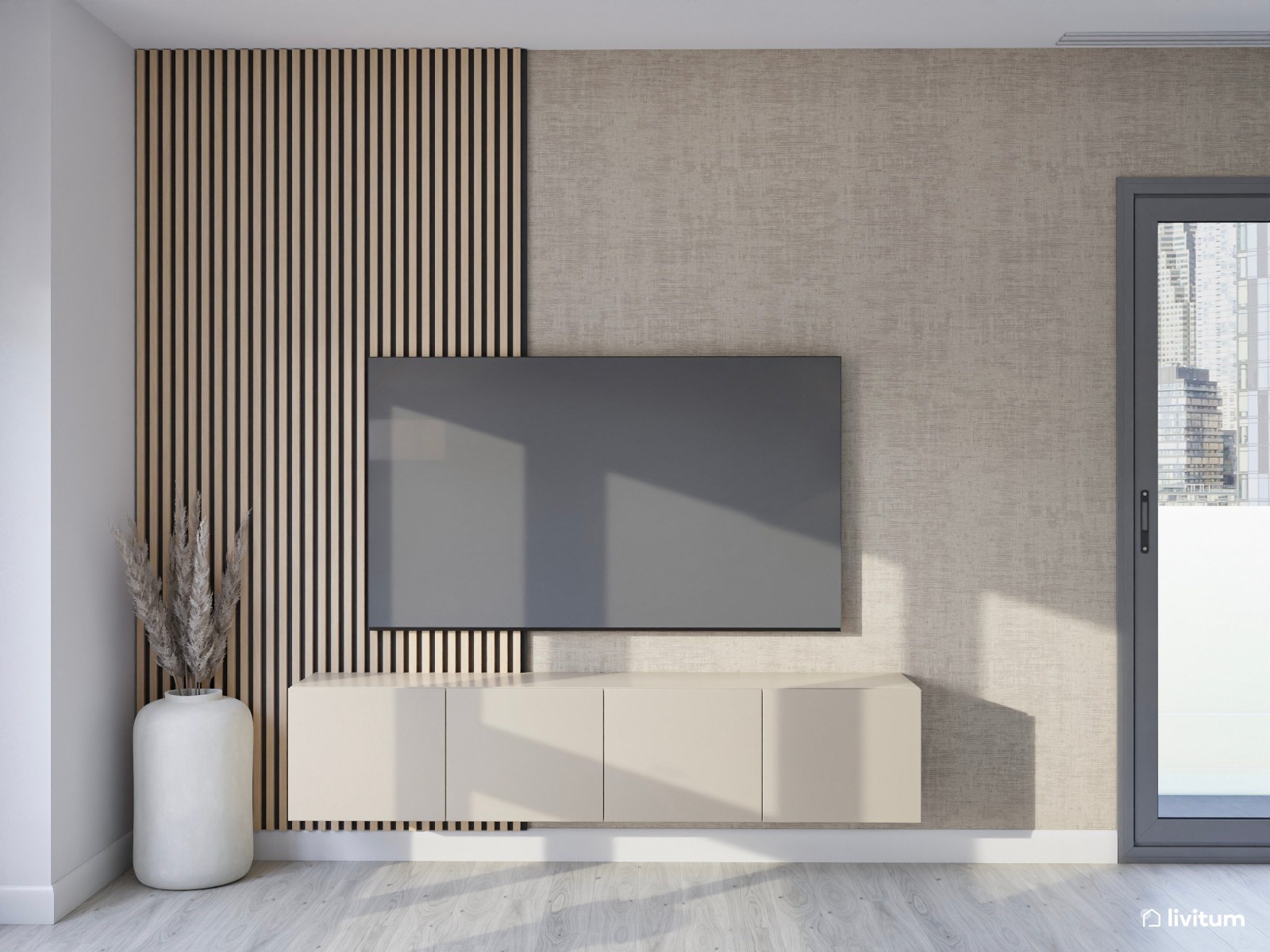 Salón comedor de estilo minimalista con papel pintado y listones de madera