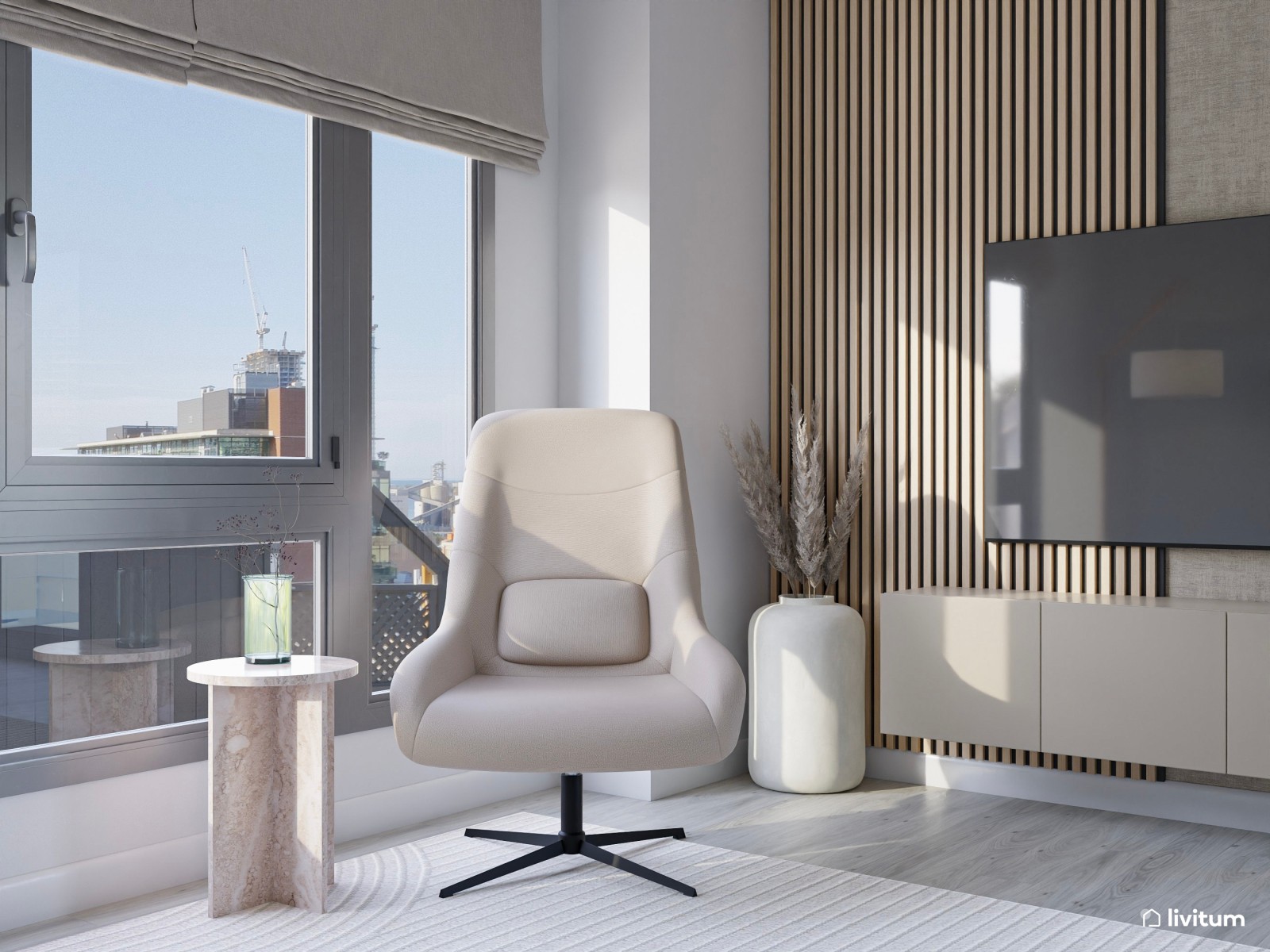 Salón comedor de estilo minimalista con papel pintado y listones de madera
