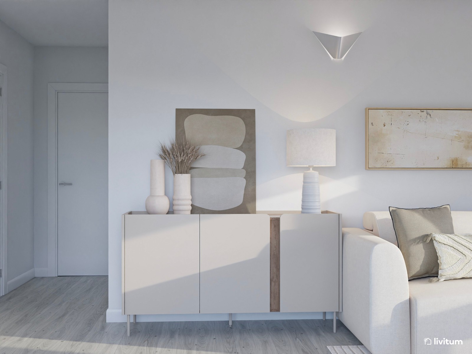 Salón comedor de estilo minimalista con papel pintado y listones de madera