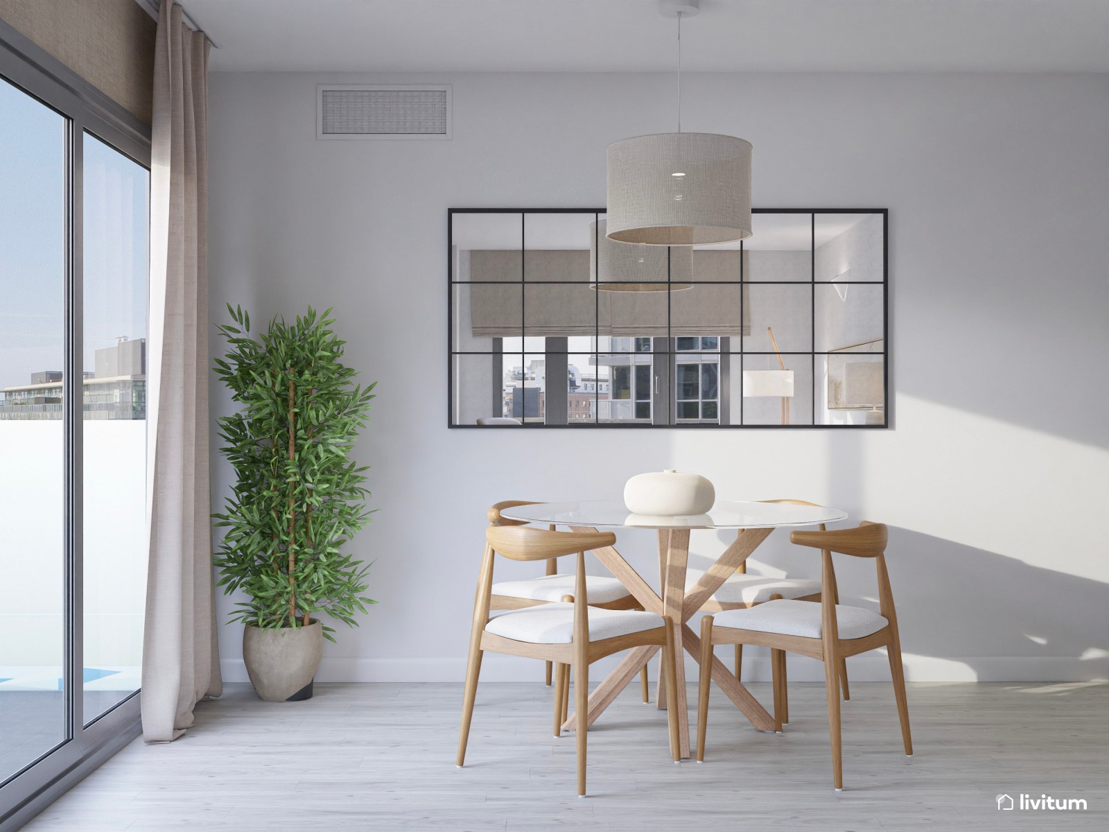 Salón comedor de estilo minimalista con papel pintado y listones de madera