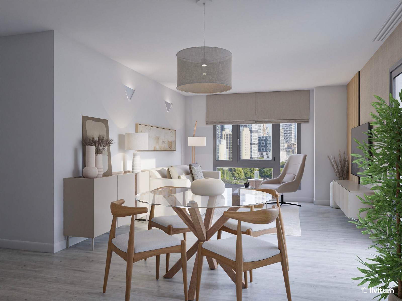 Salón comedor de estilo minimalista con papel pintado y listones de madera