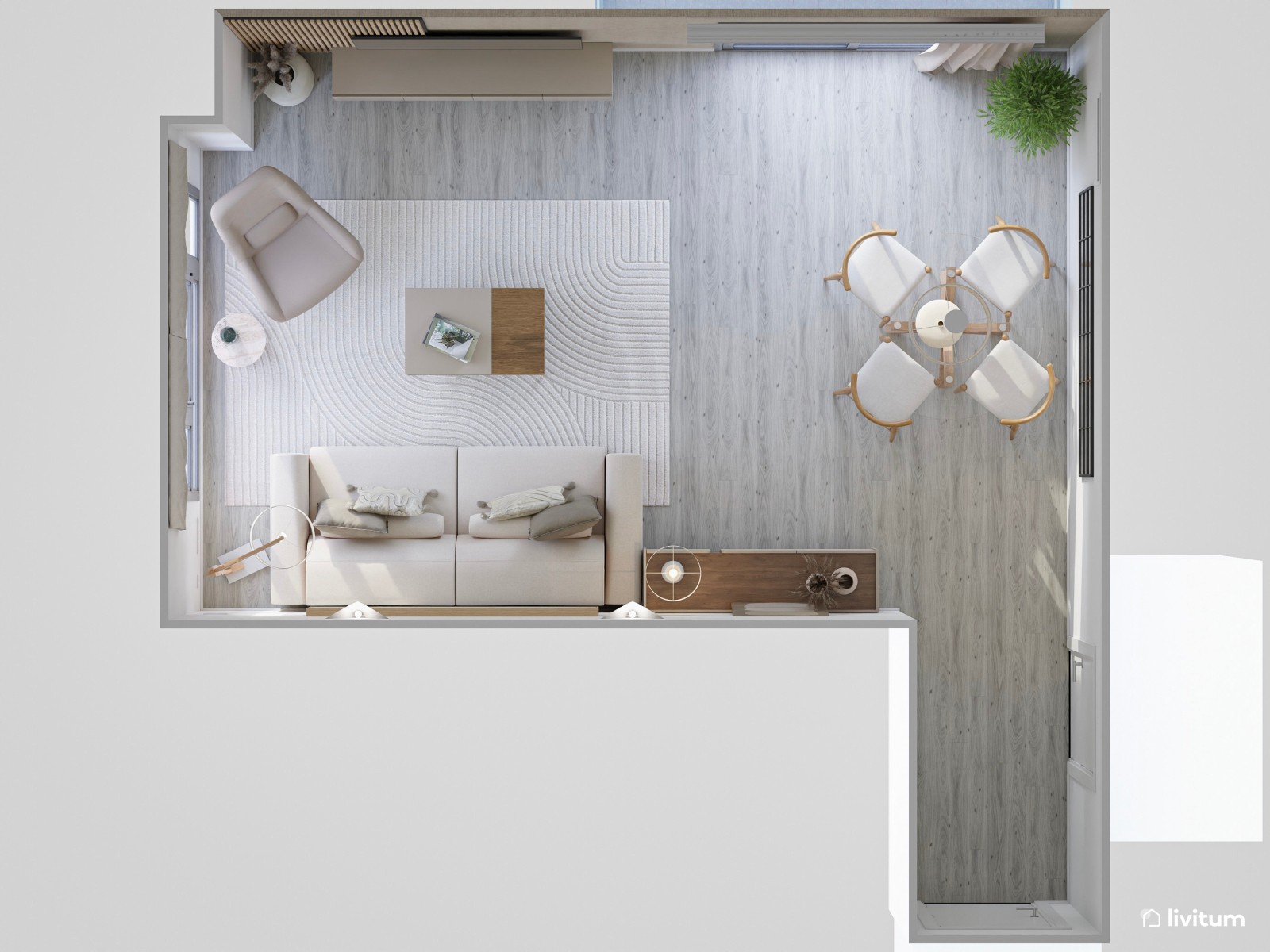 Salón comedor de estilo minimalista con papel pintado y listones de madera