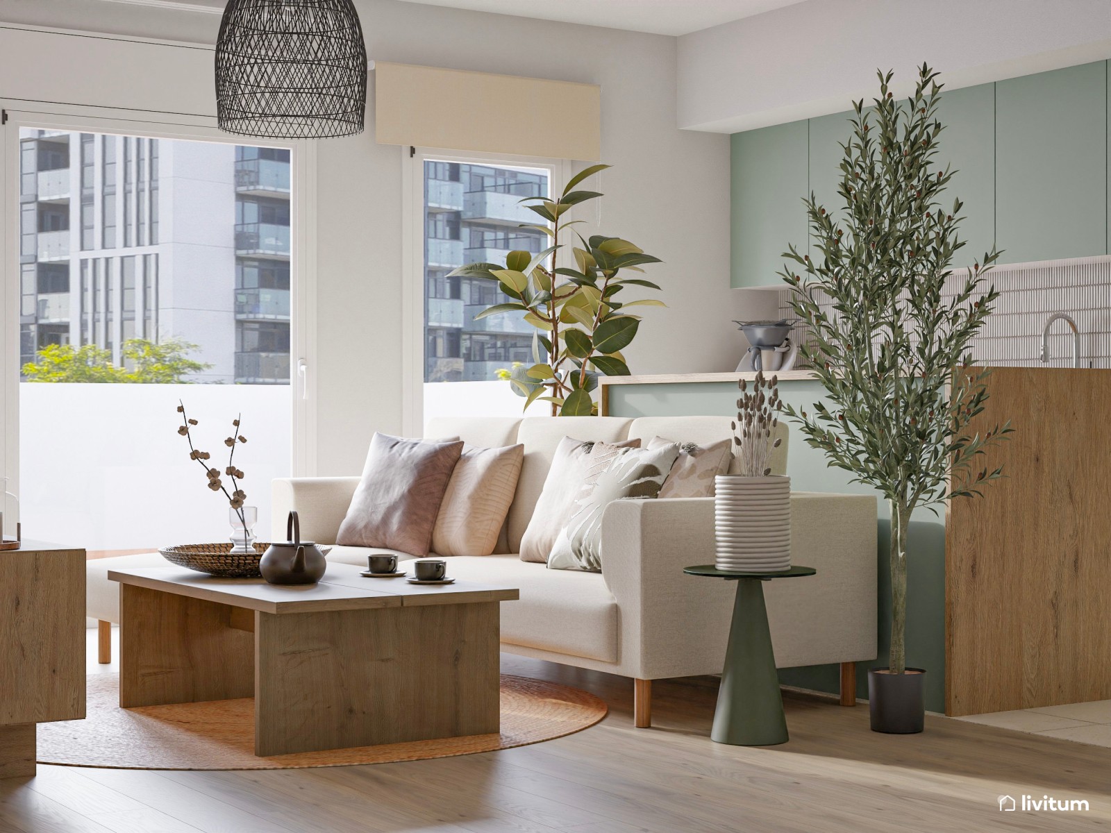Salón comedor de estilo moderno con cocina abierta en verde 