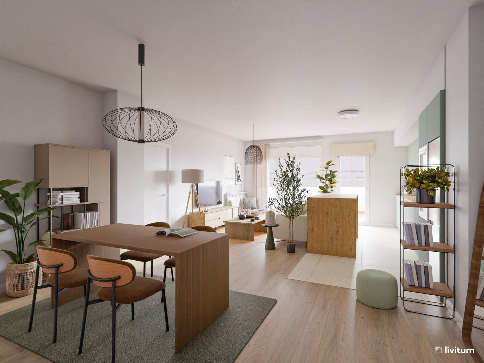 Salón comedor de estilo moderno con cocina abierta en verde 