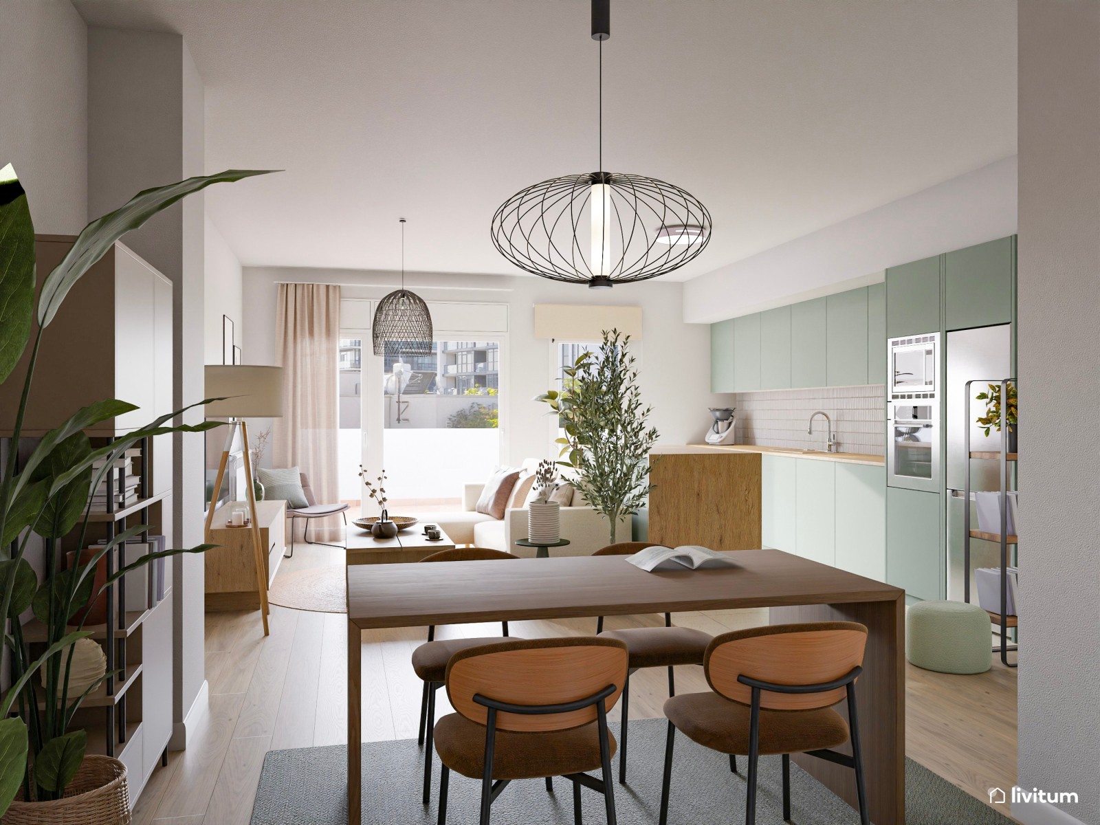 Salón comedor de estilo moderno con cocina abierta en verde 