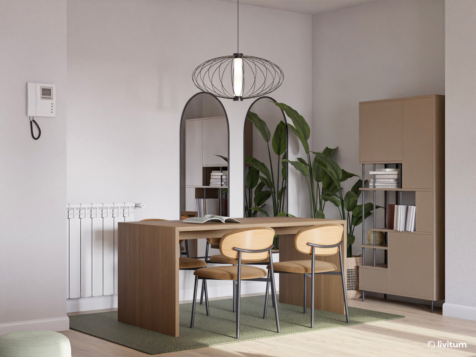 Salón comedor de estilo moderno con cocina abierta en verde 