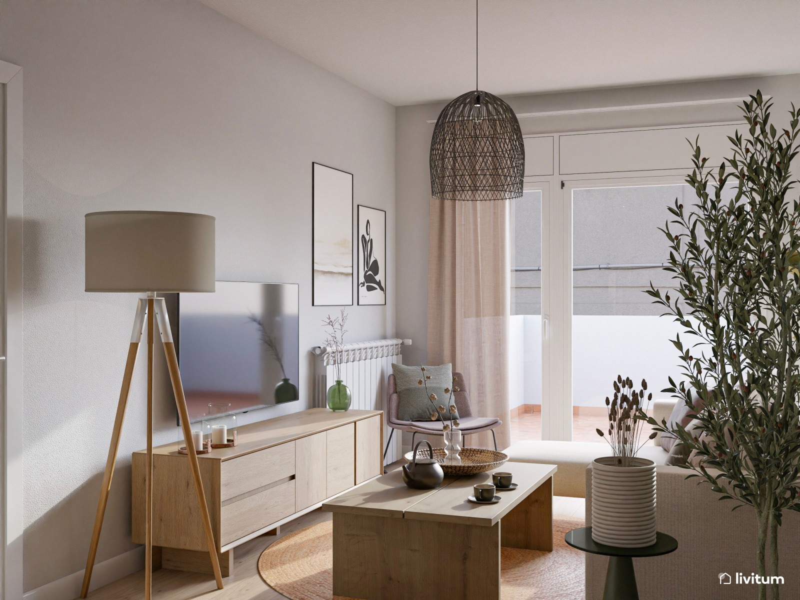 Salón comedor de estilo moderno con cocina abierta en verde 