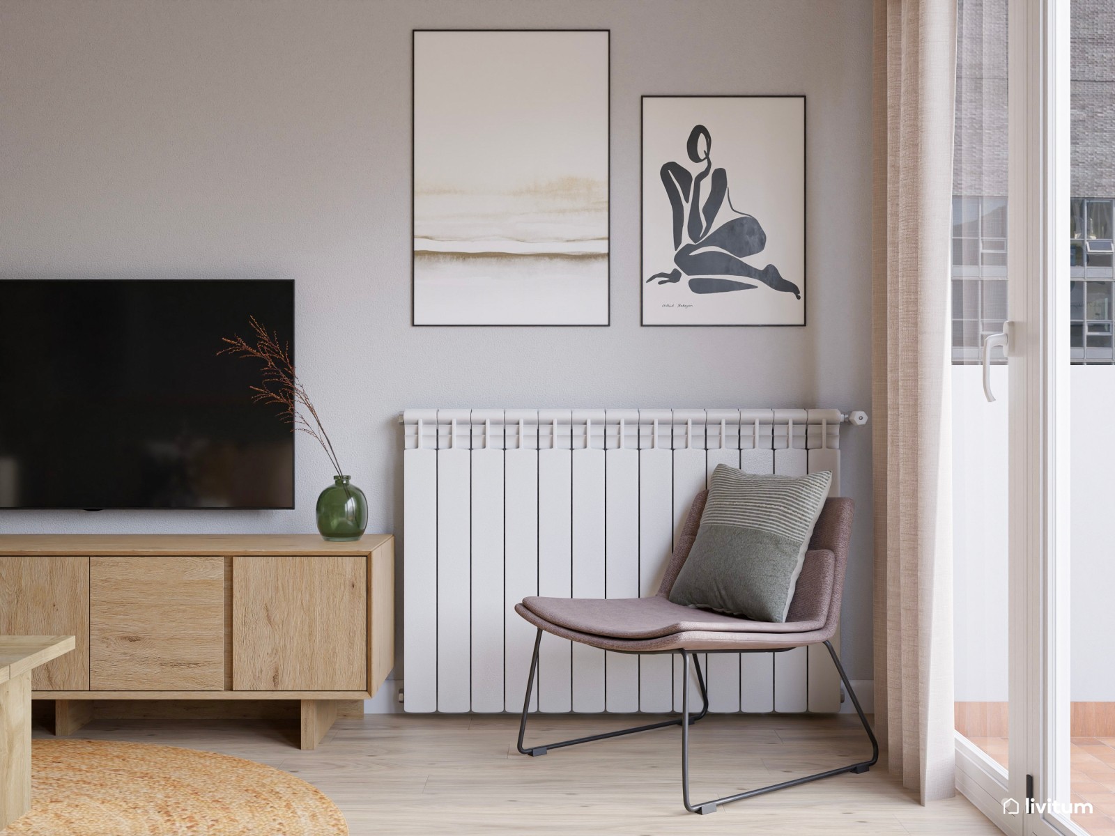Salón comedor de estilo moderno con cocina abierta en verde 