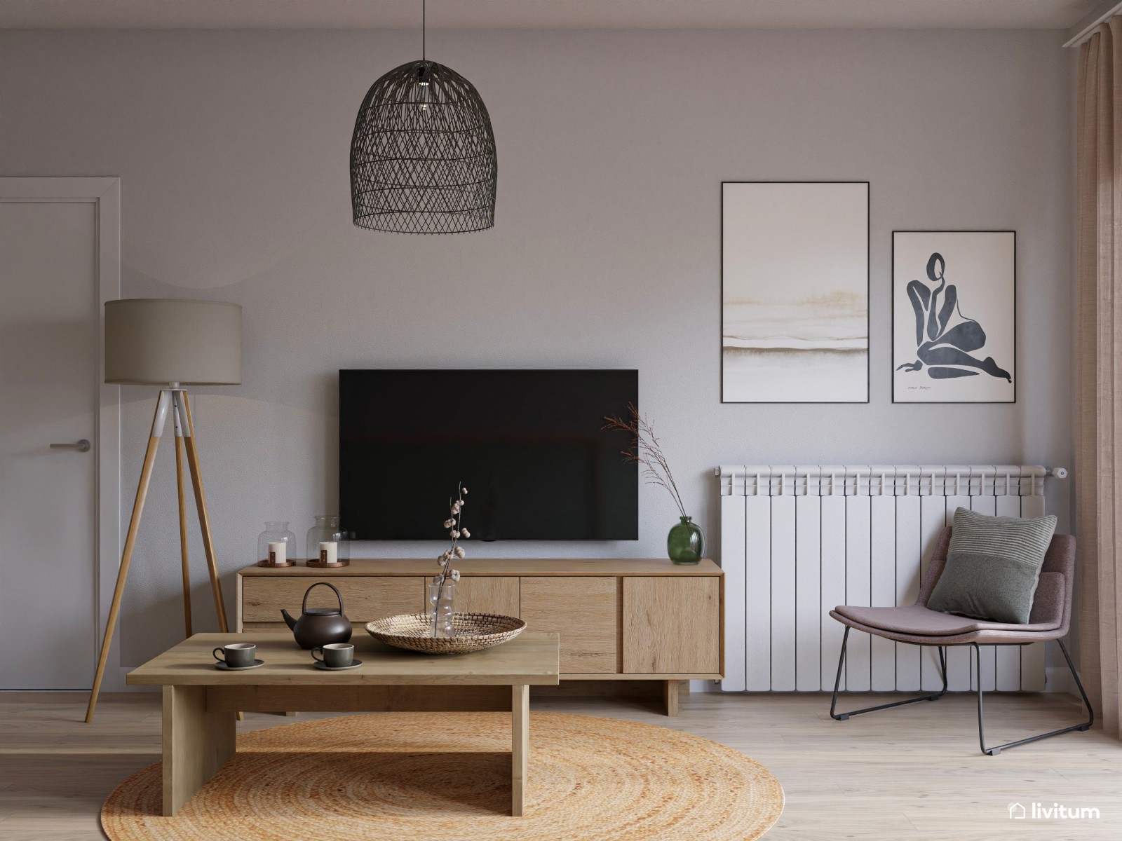 Salón comedor de estilo moderno con cocina abierta en verde 