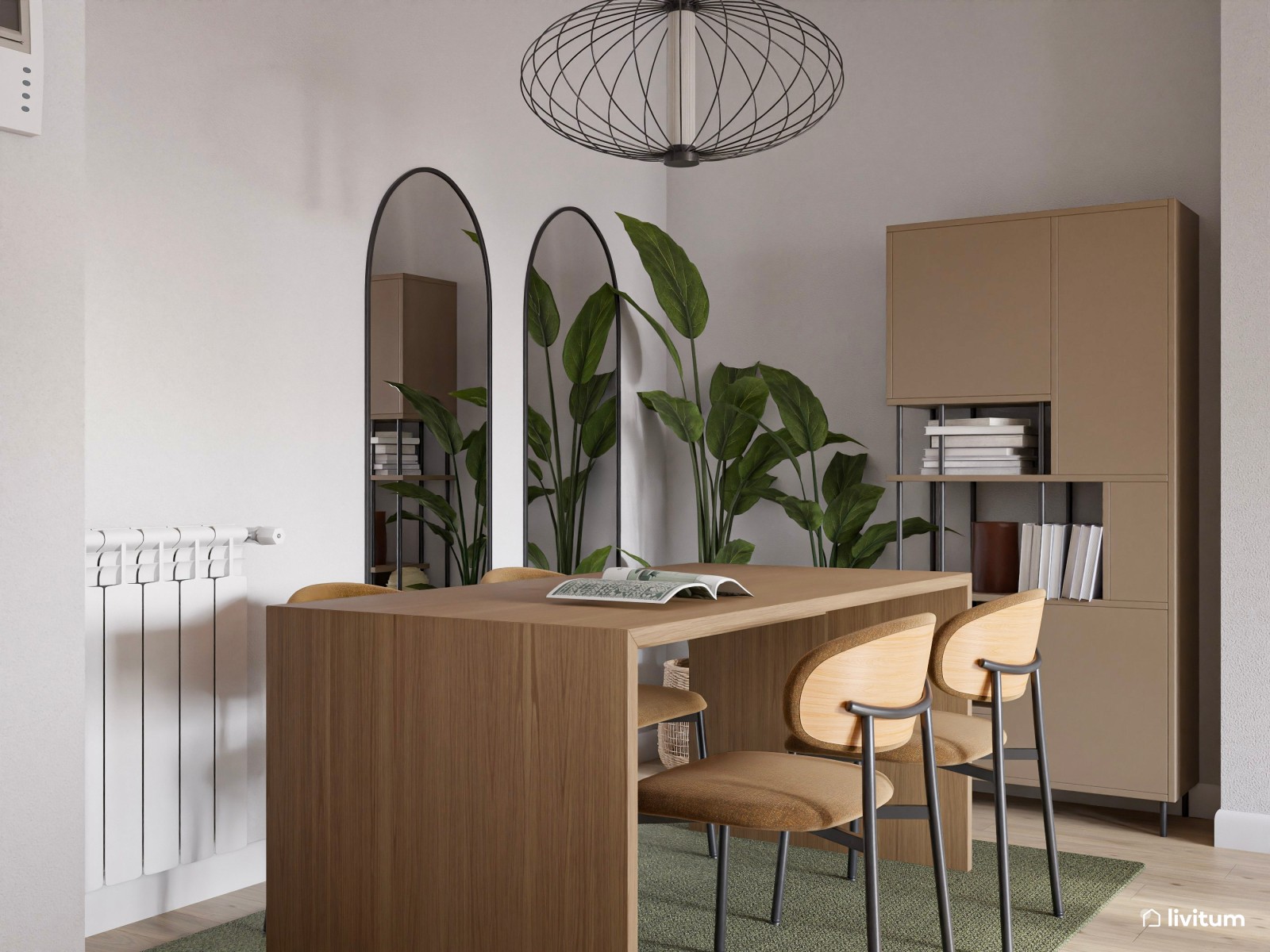 Salón comedor de estilo moderno con cocina abierta en verde 