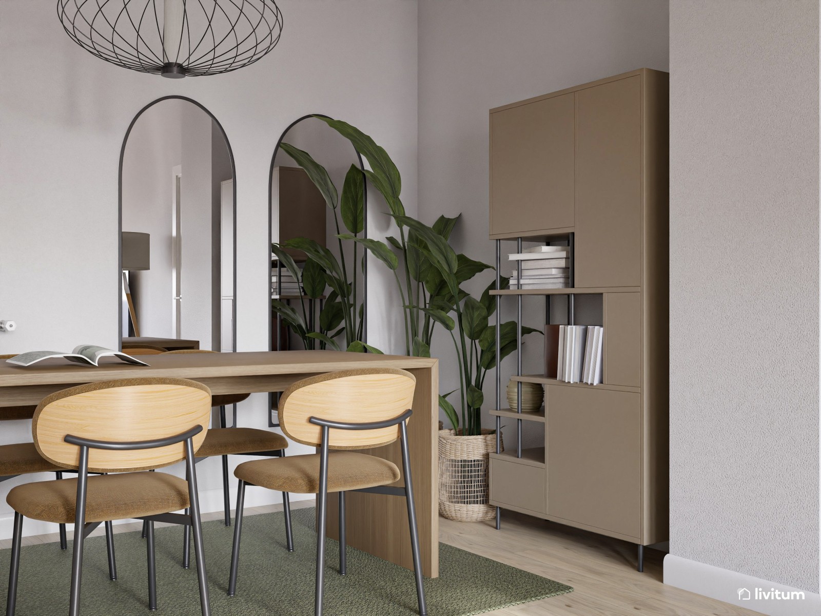 Salón comedor de estilo moderno con cocina abierta en verde 