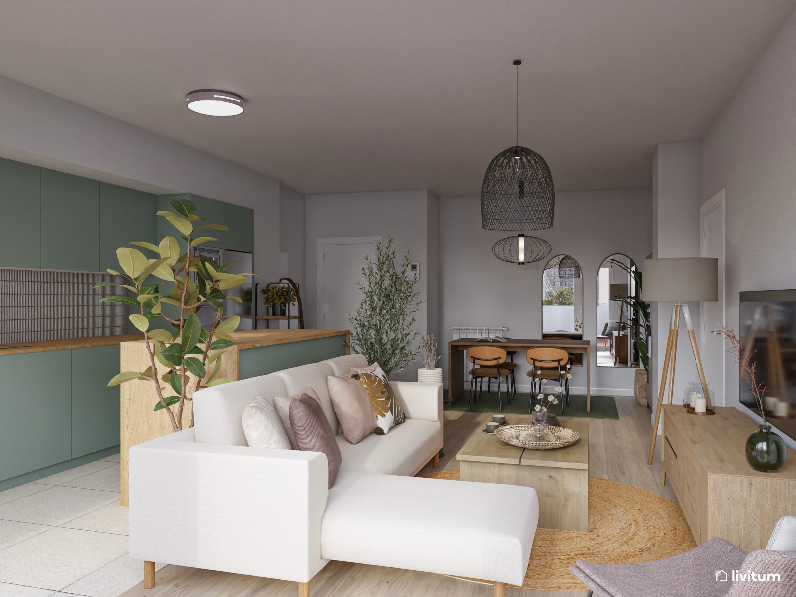 Salón comedor de estilo moderno con cocina abierta en verde 