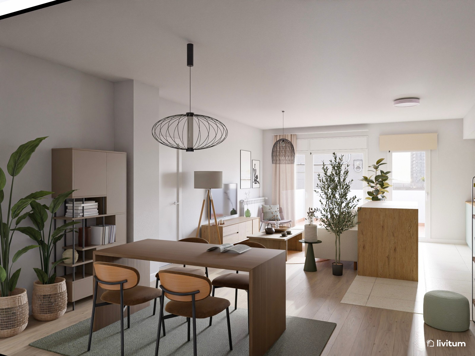 Salón comedor de estilo moderno con cocina abierta en verde 