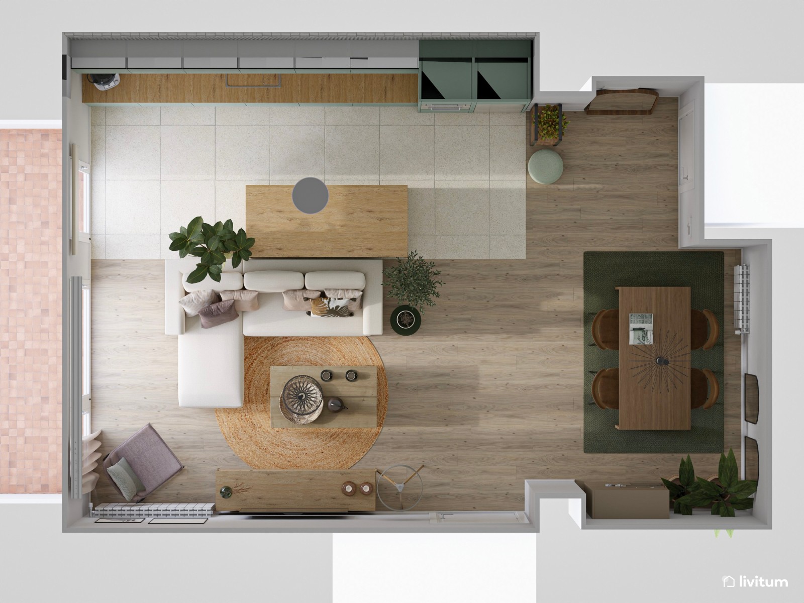 Salón comedor de estilo moderno con cocina abierta en verde 