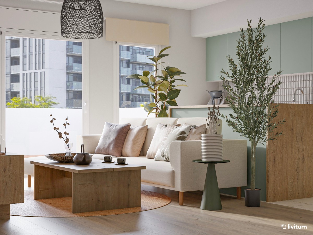 Salón comedor de estilo moderno con cocina abierta en verde 