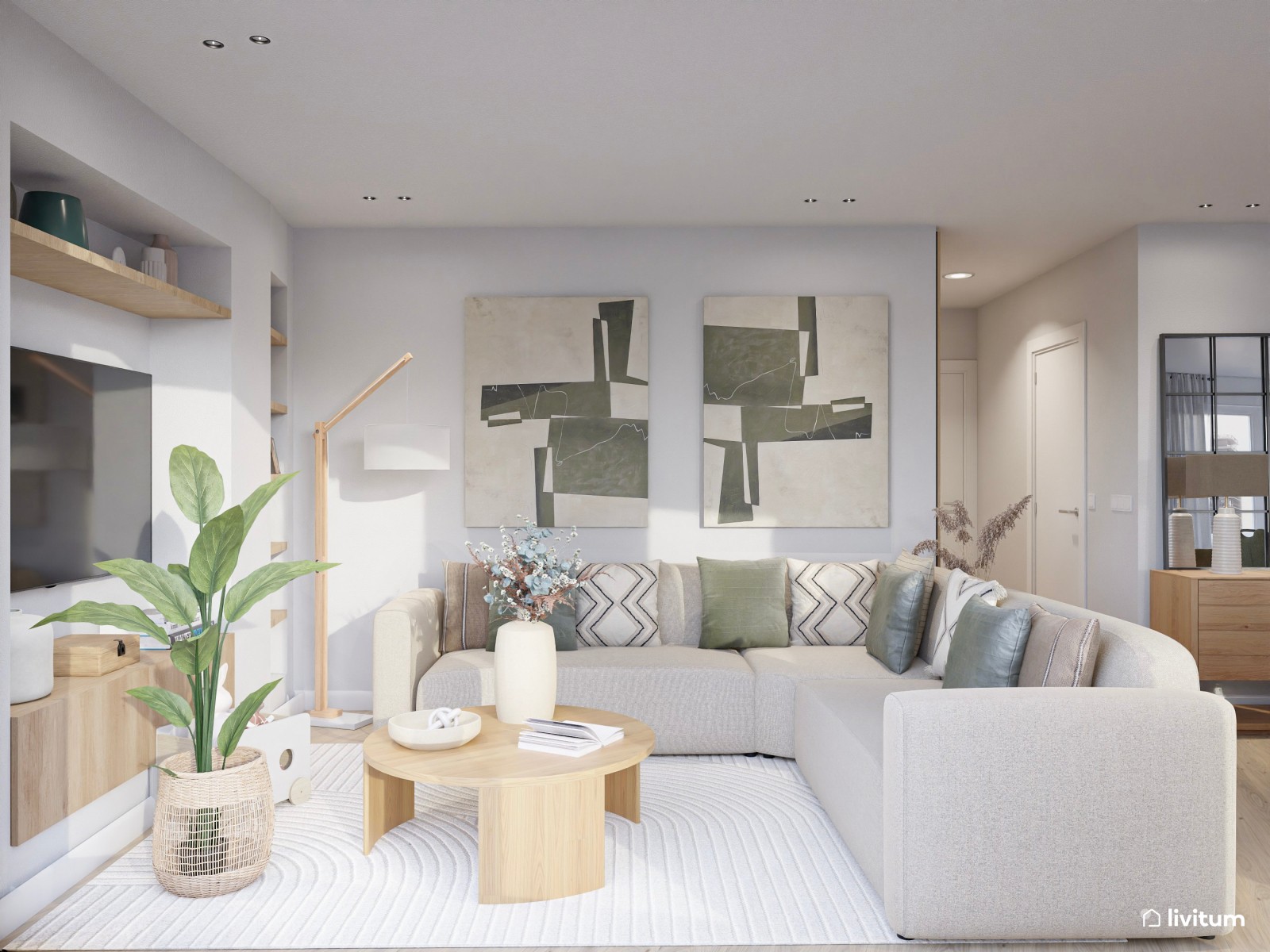 Salón comedor de estilo moderno con detalles en verde caqui y sofá rinconero